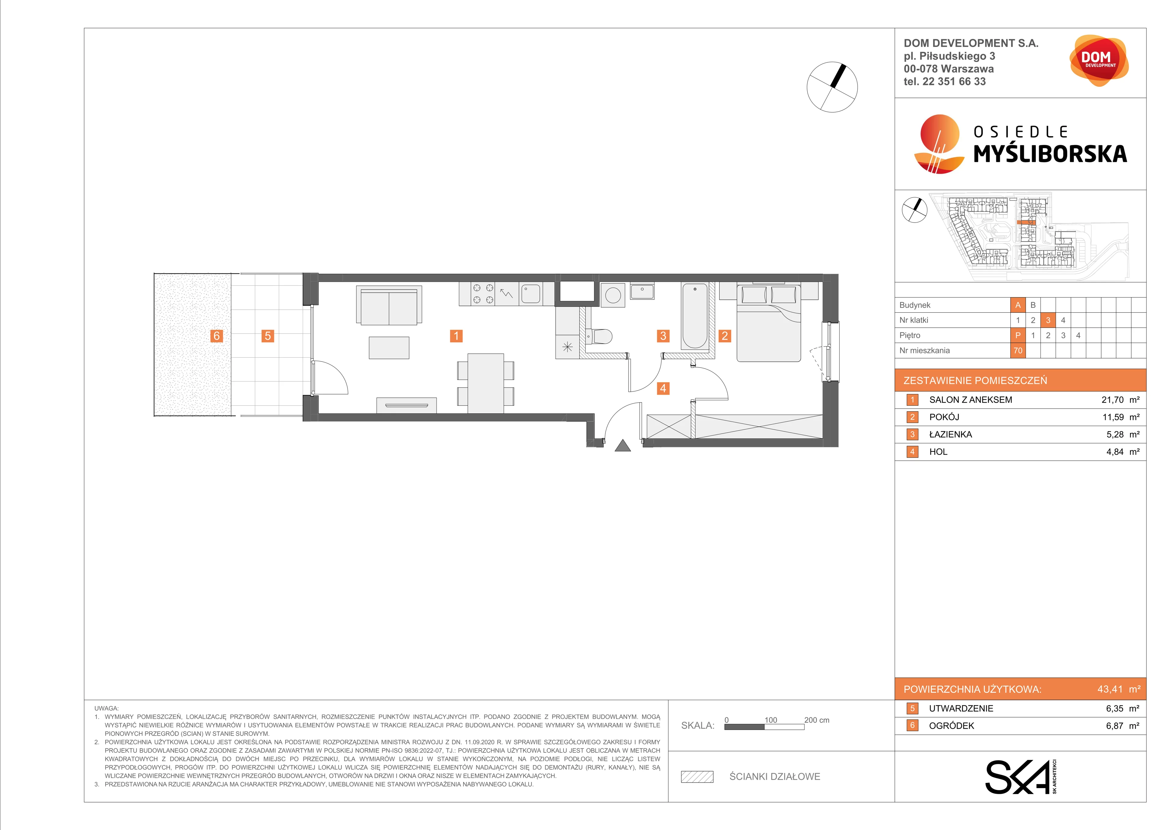 2 pokoje, mieszkanie 43,41 m², parter, oferta nr A/70, Osiedle Myśliborska, Warszawa, Białołęka, Żerań, ul. Myśliborska / Ochorowicza