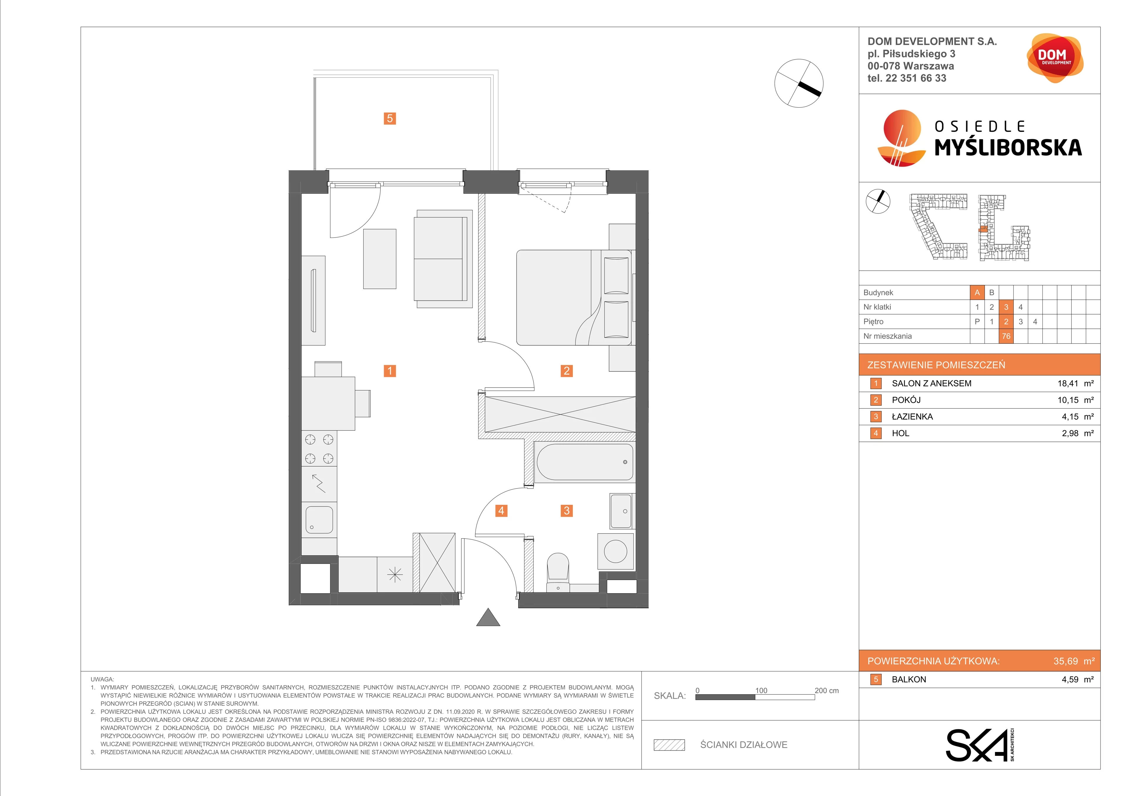 2 pokoje, mieszkanie 35,69 m², piętro 2, oferta nr A/76, Osiedle Myśliborska, Warszawa, Białołęka, Żerań, ul. Myśliborska / Ochorowicza