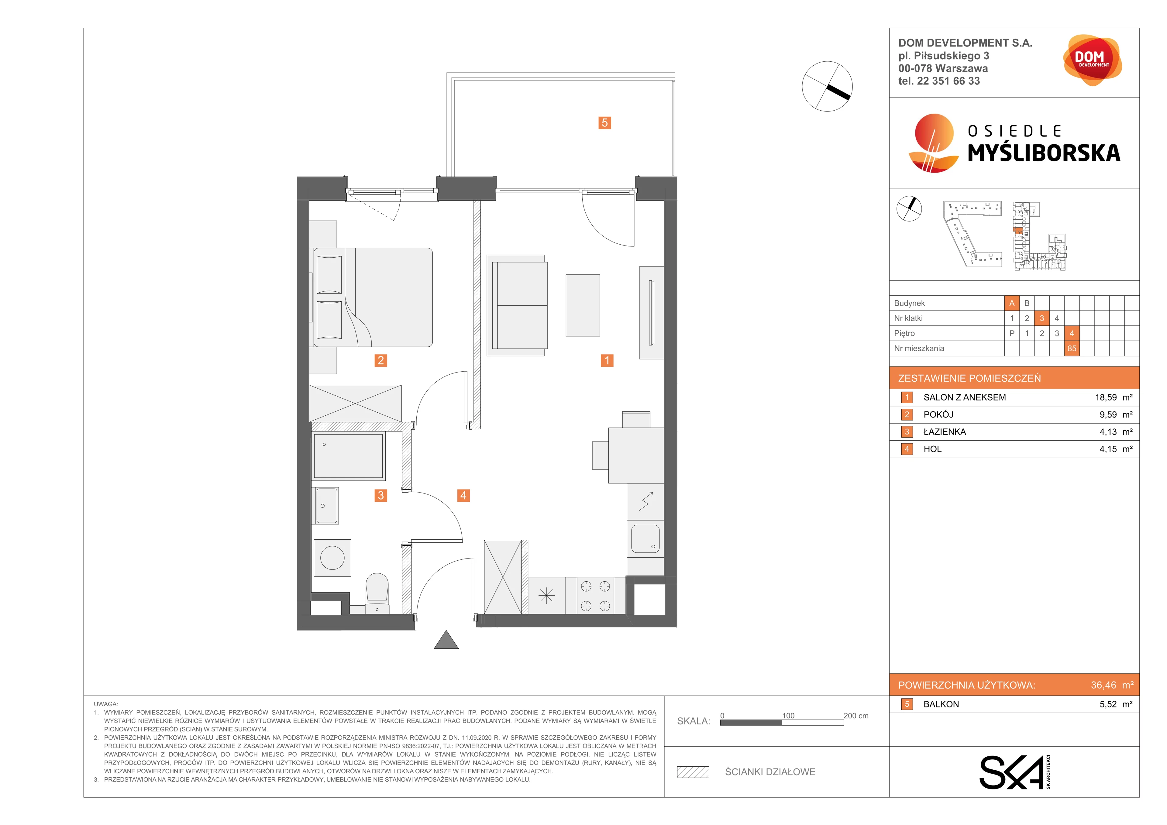 2 pokoje, mieszkanie 36,46 m², piętro 4, oferta nr A/85, Osiedle Myśliborska, Warszawa, Białołęka, Żerań, ul. Myśliborska / Ochorowicza