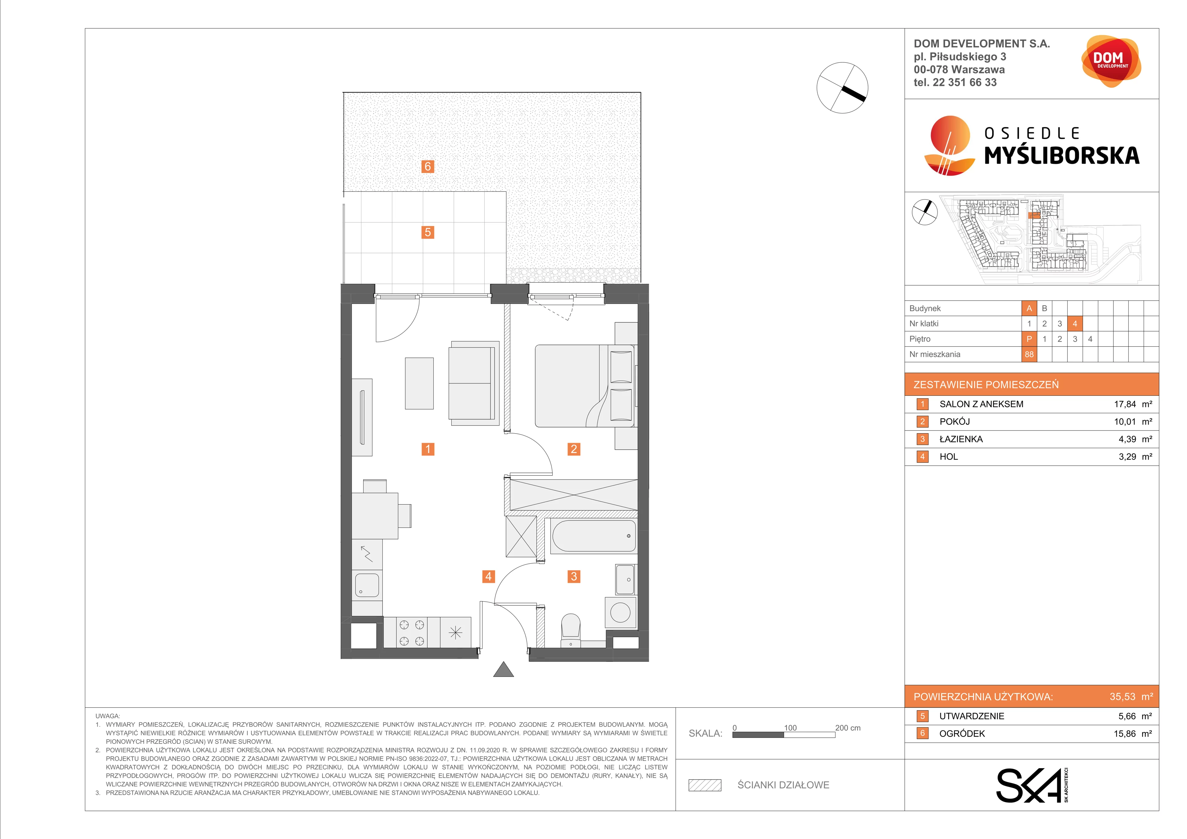 2 pokoje, mieszkanie 35,53 m², parter, oferta nr A/88, Osiedle Myśliborska, Warszawa, Białołęka, Żerań, ul. Myśliborska / Ochorowicza
