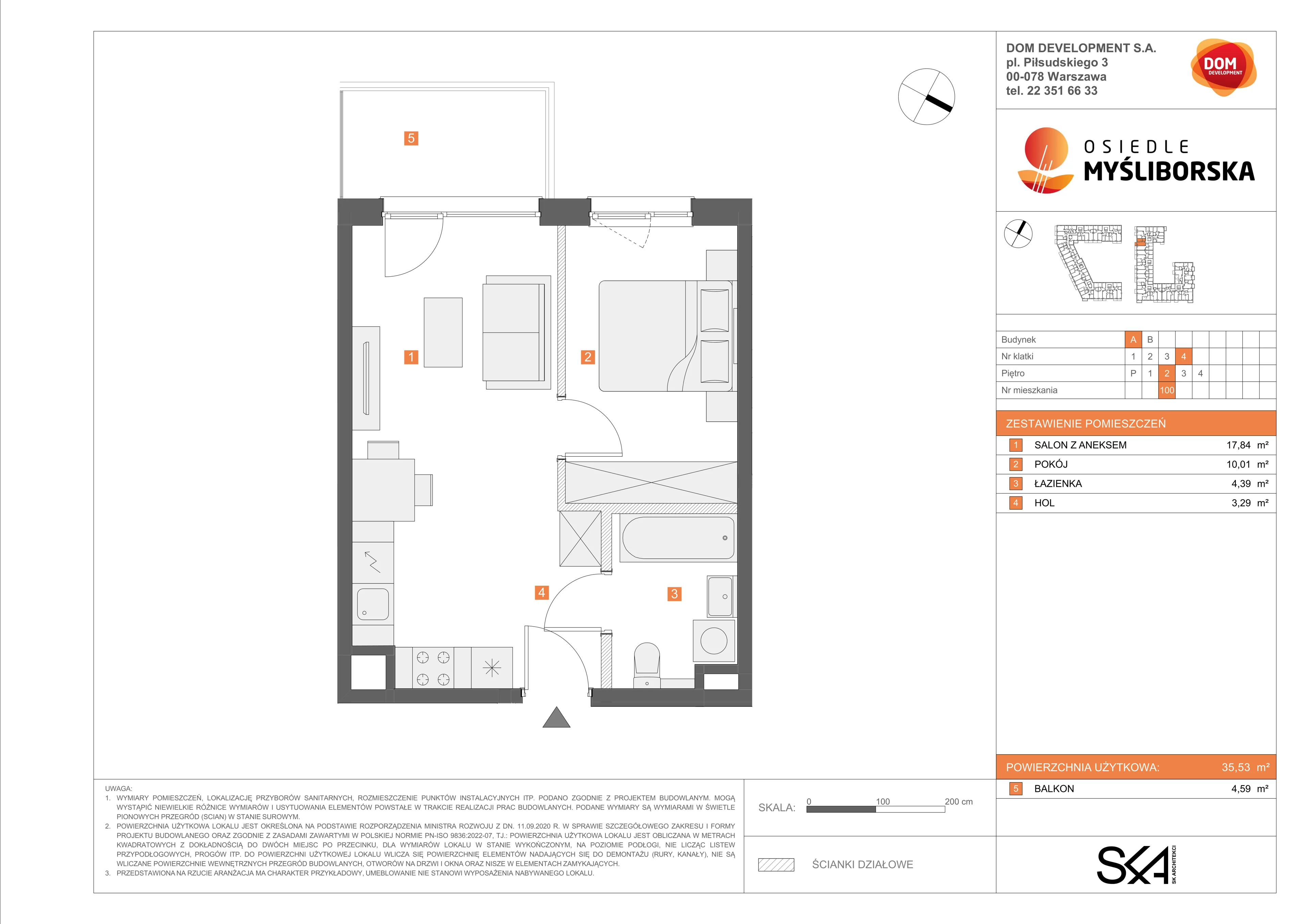 2 pokoje, mieszkanie 35,53 m², piętro 2, oferta nr A/100, Osiedle Myśliborska, Warszawa, Białołęka, Żerań, ul. Myśliborska / Ochorowicza
