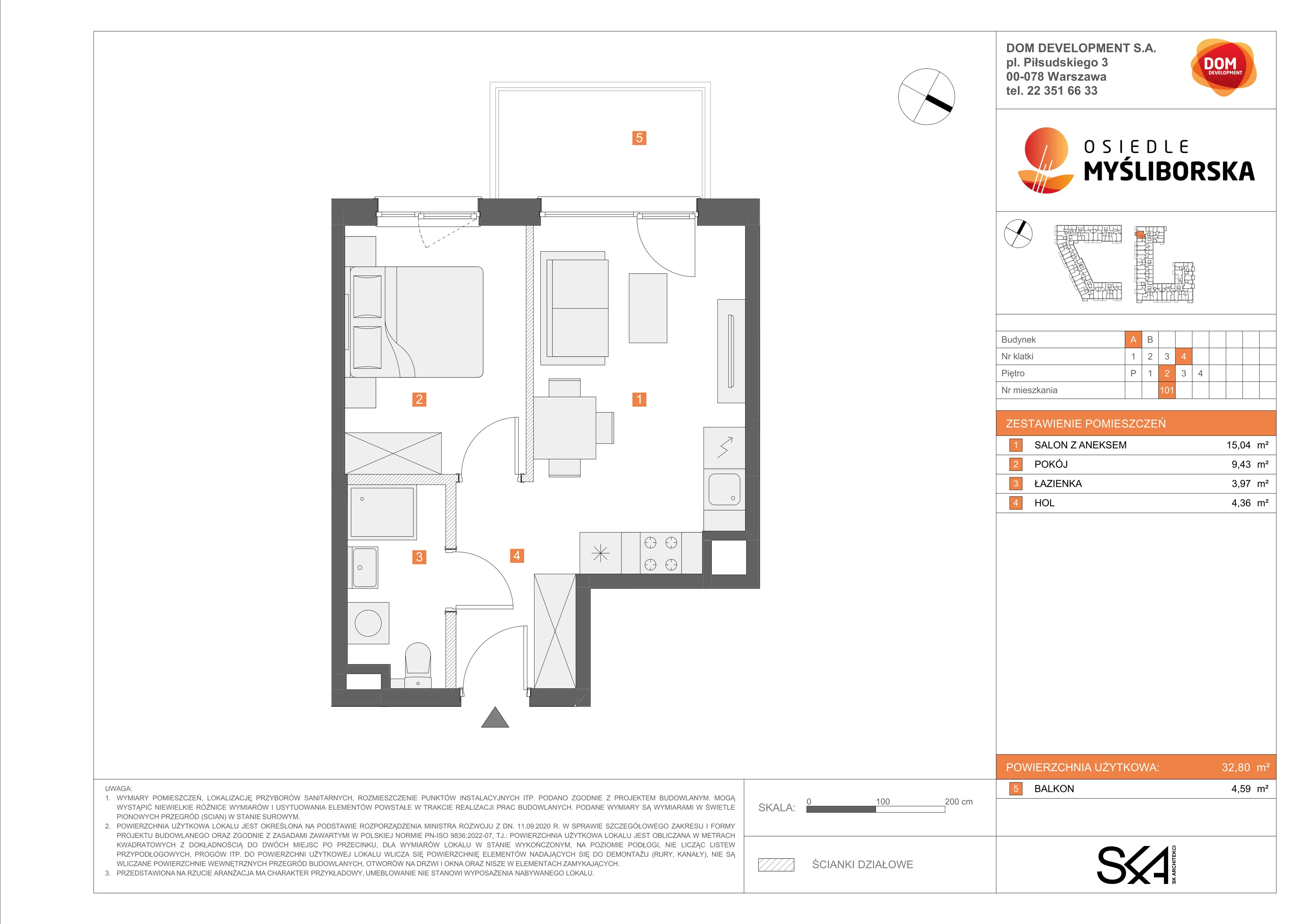 2 pokoje, mieszkanie 32,80 m², piętro 2, oferta nr A/101, Osiedle Myśliborska, Warszawa, Białołęka, Żerań, ul. Myśliborska / Ochorowicza
