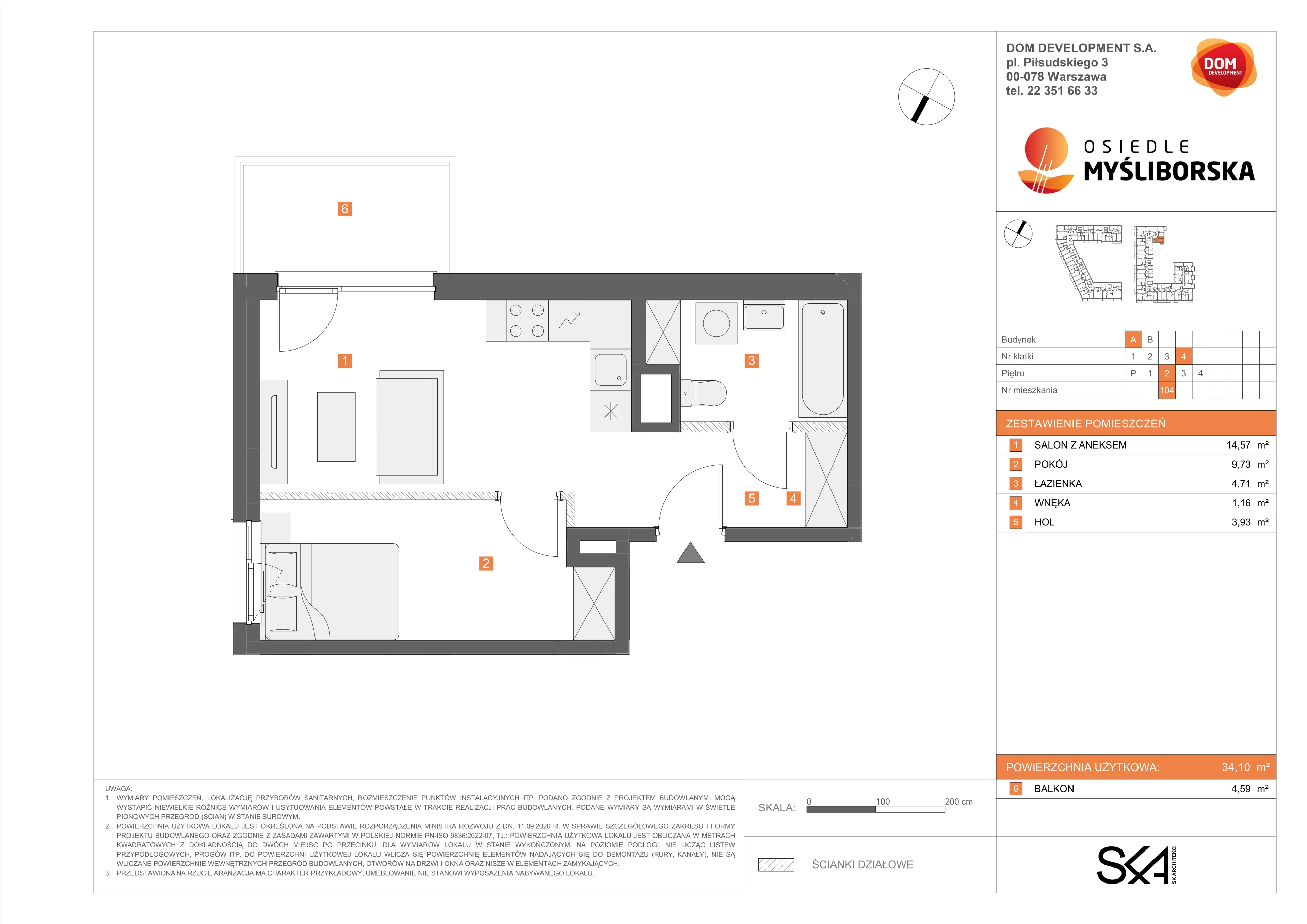 2 pokoje, mieszkanie 34,10 m², piętro 2, oferta nr A/104, Osiedle Myśliborska, Warszawa, Białołęka, Żerań, ul. Myśliborska / Ochorowicza