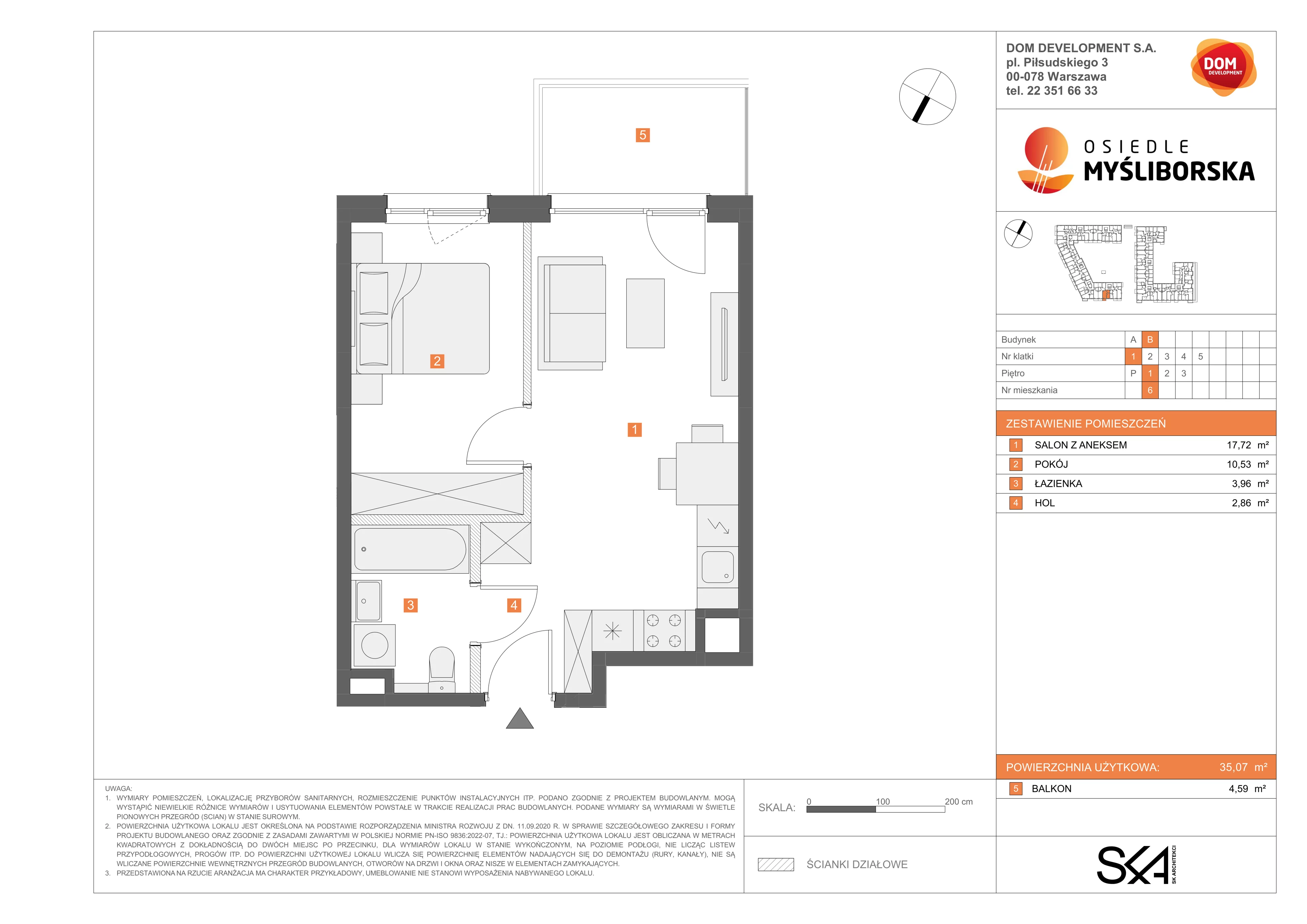 2 pokoje, mieszkanie 35,07 m², piętro 1, oferta nr B/6, Osiedle Myśliborska, Warszawa, Białołęka, Żerań, ul. Myśliborska / Ochorowicza