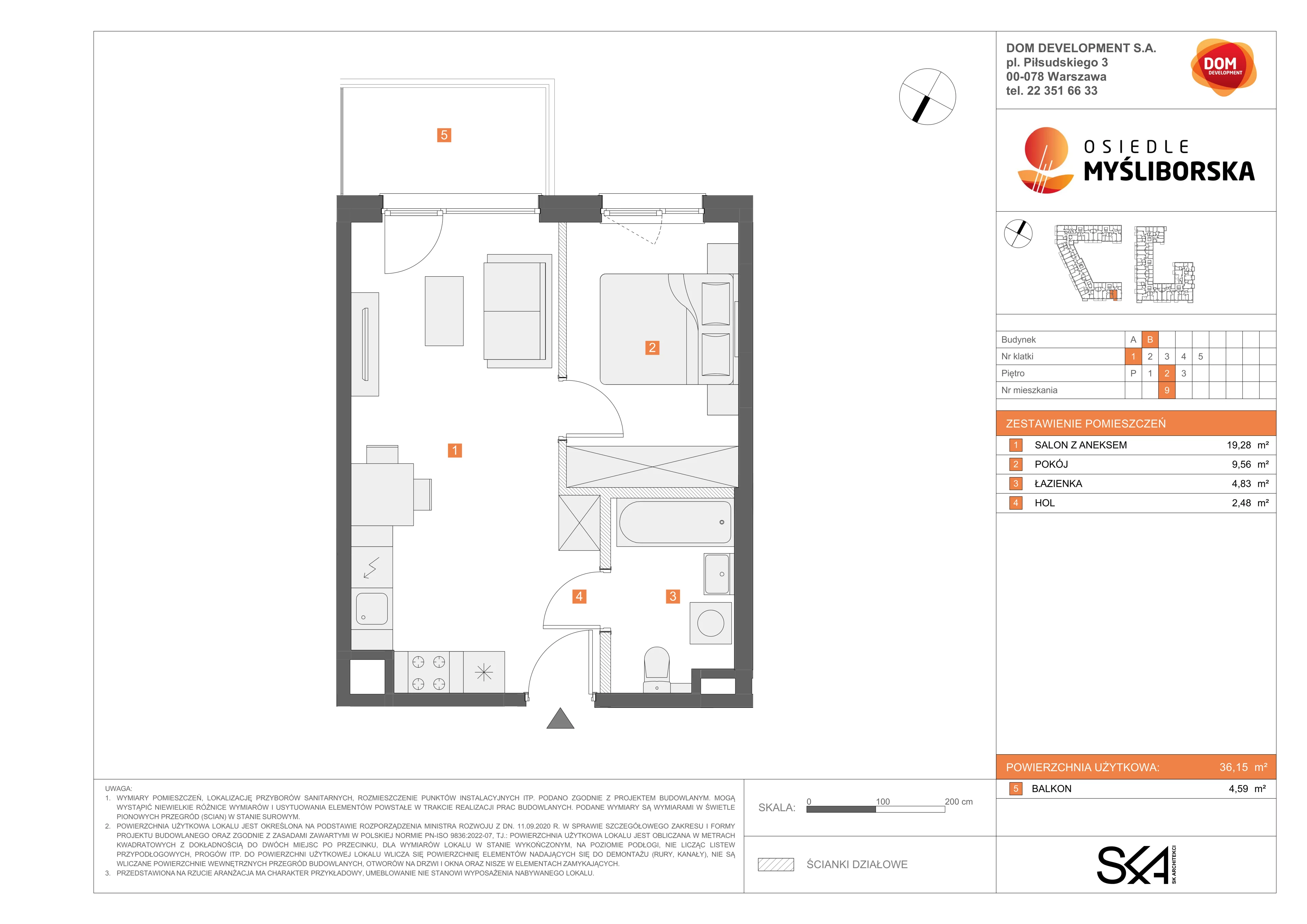 2 pokoje, mieszkanie 36,15 m², piętro 2, oferta nr B/9, Osiedle Myśliborska, Warszawa, Białołęka, Żerań, ul. Myśliborska / Ochorowicza