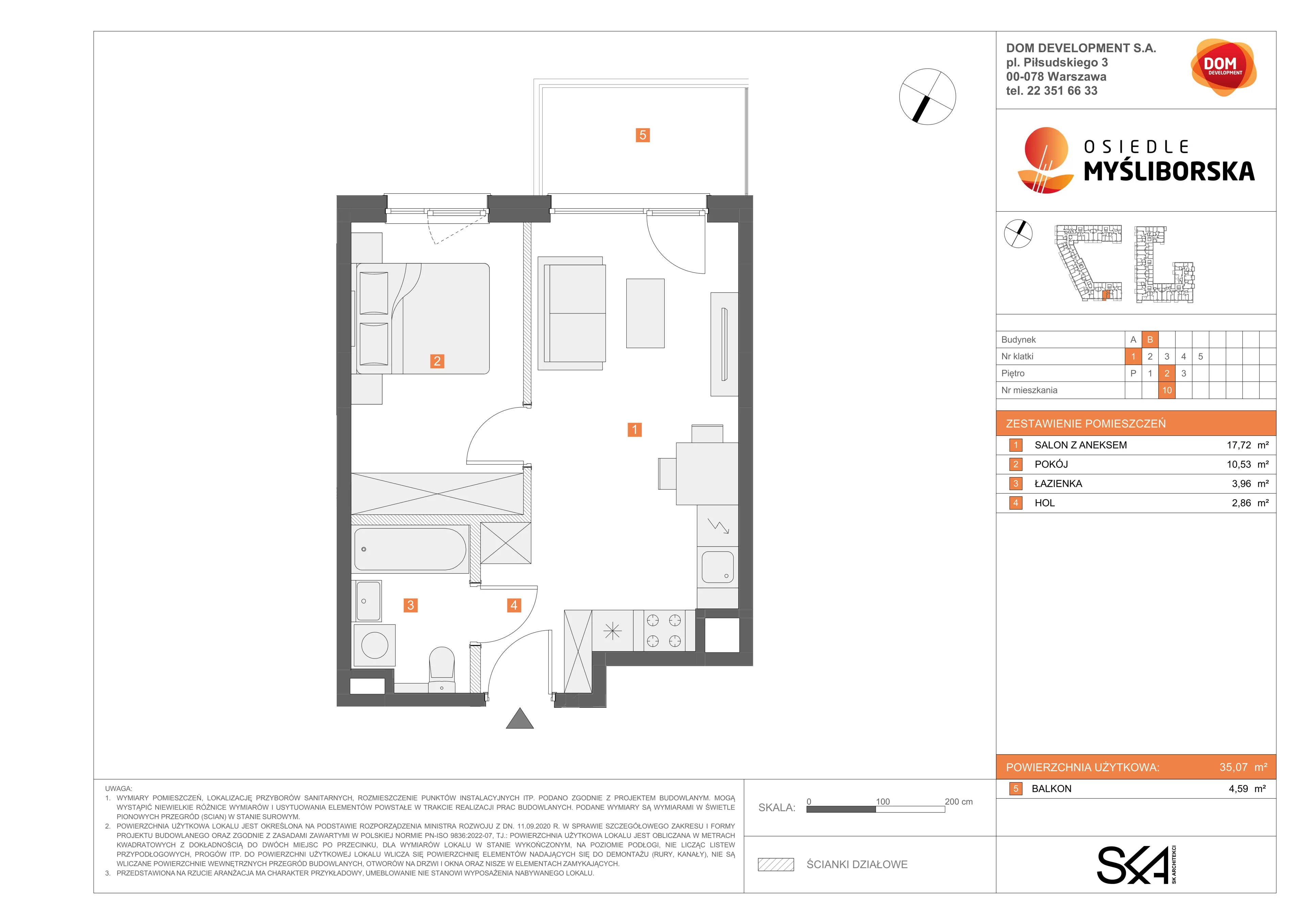 2 pokoje, mieszkanie 35,07 m², piętro 2, oferta nr B/10, Osiedle Myśliborska, Warszawa, Białołęka, Żerań, ul. Myśliborska / Ochorowicza