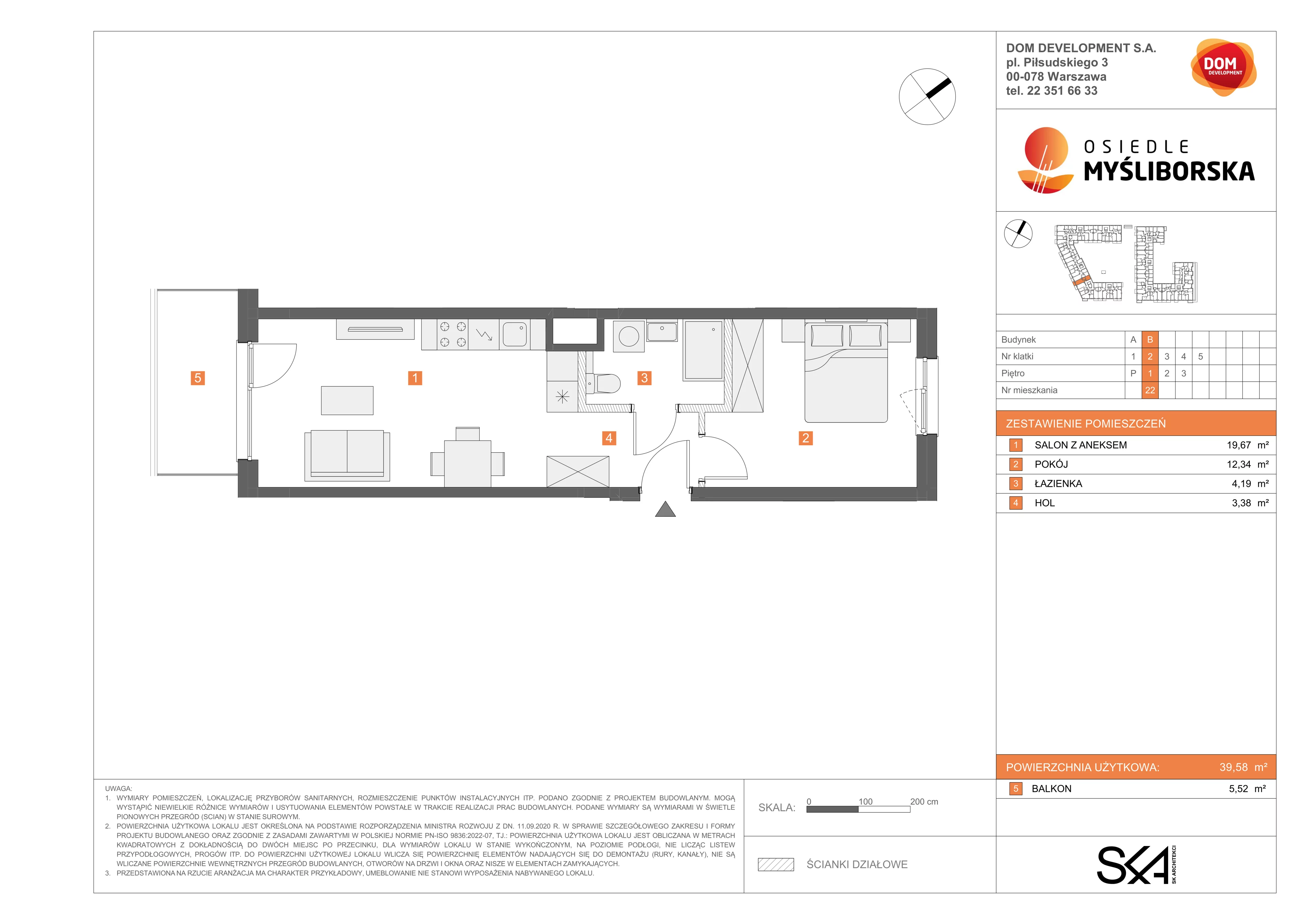 2 pokoje, mieszkanie 39,58 m², piętro 1, oferta nr B/22, Osiedle Myśliborska, Warszawa, Białołęka, Żerań, ul. Myśliborska / Ochorowicza