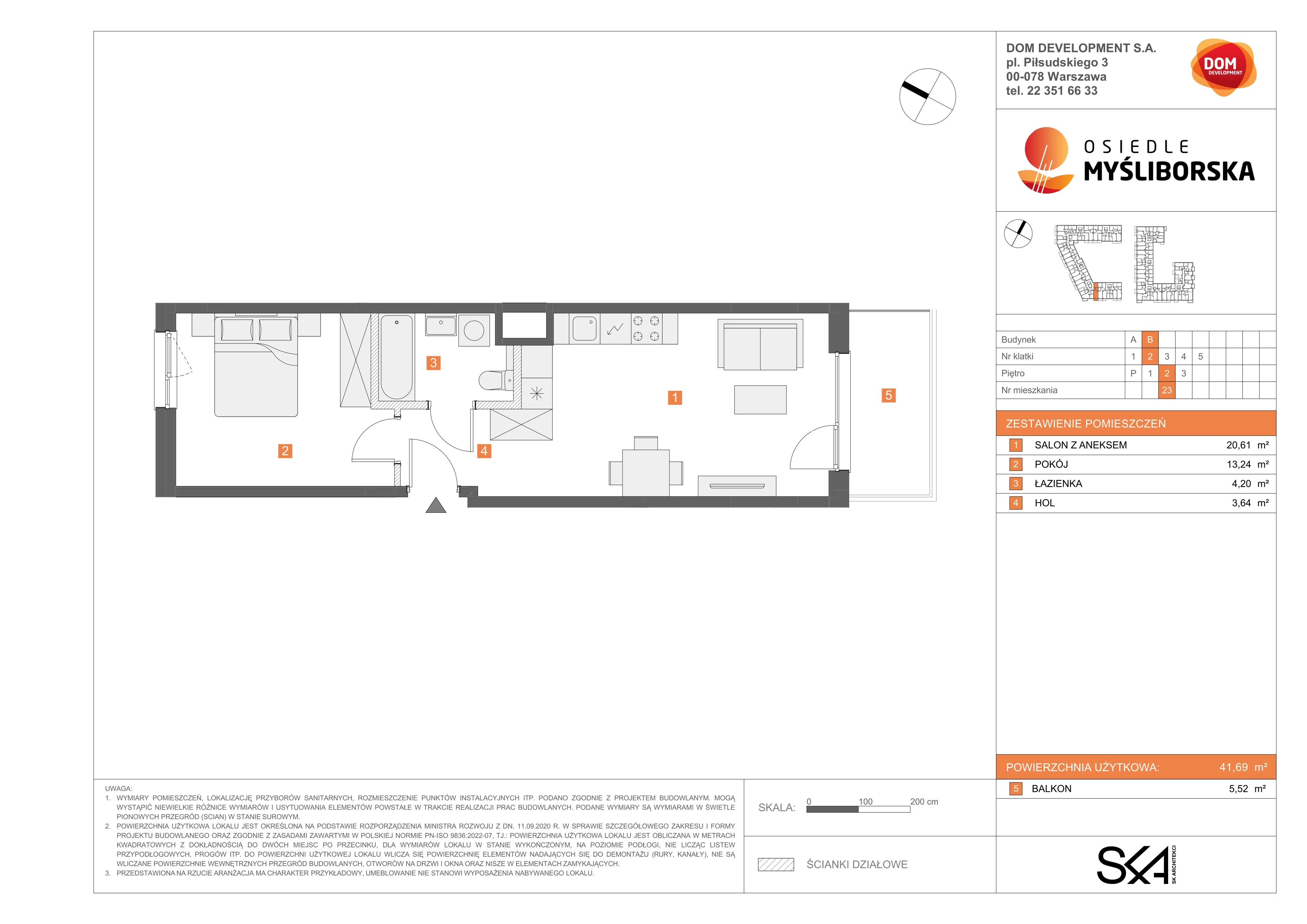 2 pokoje, mieszkanie 41,69 m², piętro 2, oferta nr B/23, Osiedle Myśliborska, Warszawa, Białołęka, Żerań, ul. Myśliborska / Ochorowicza