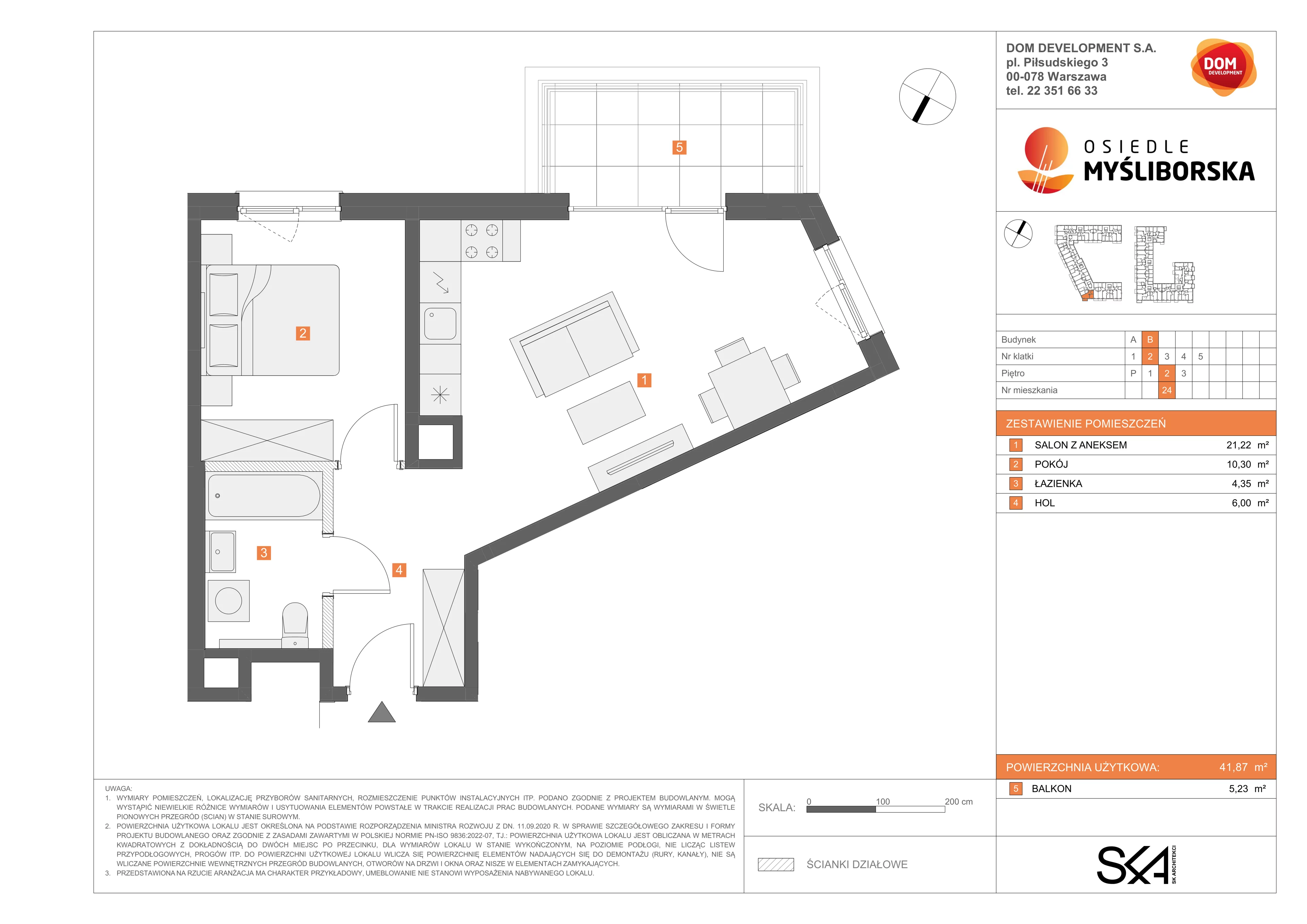 2 pokoje, mieszkanie 41,87 m², piętro 2, oferta nr B/24, Osiedle Myśliborska, Warszawa, Białołęka, Żerań, ul. Myśliborska / Ochorowicza
