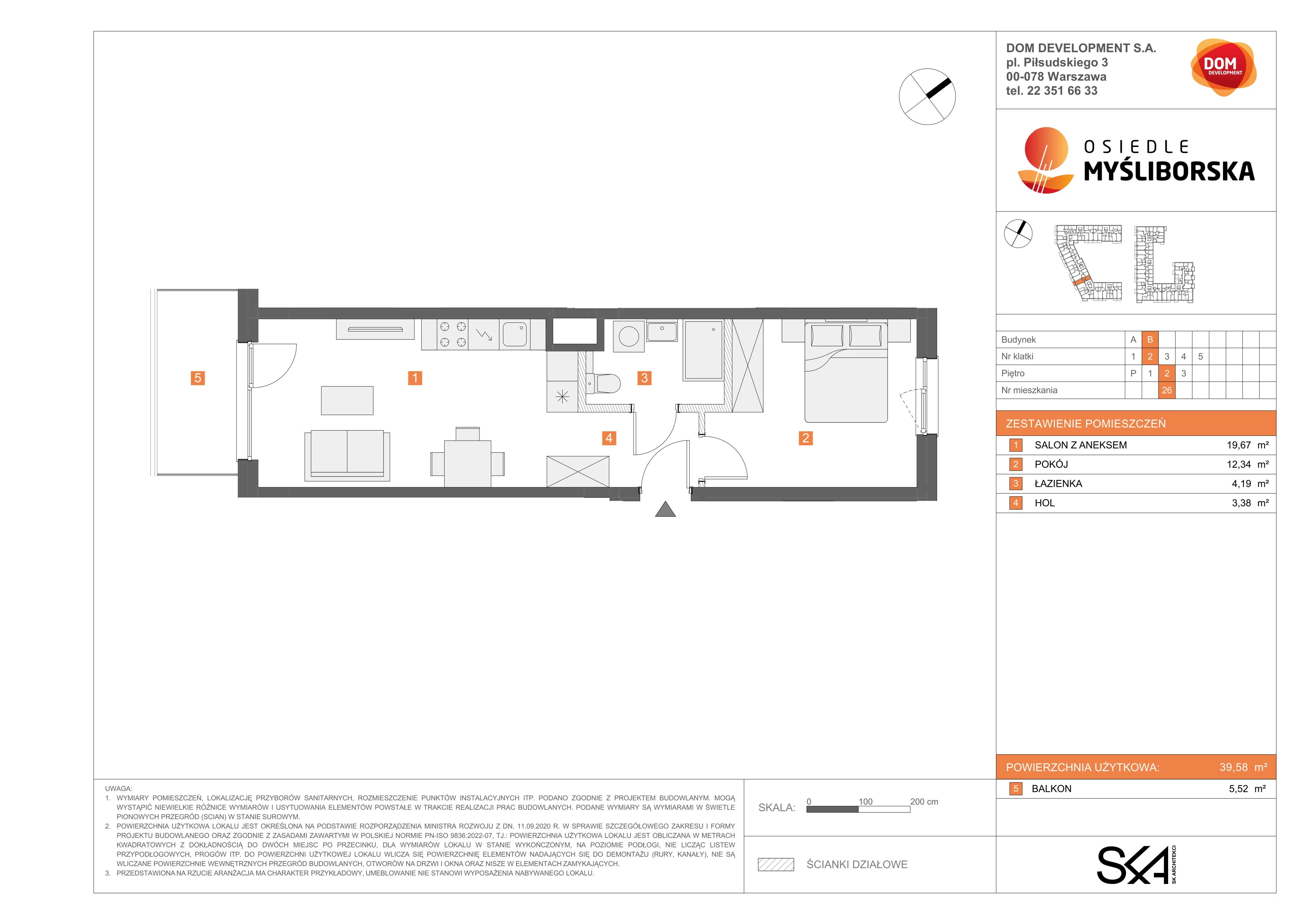 2 pokoje, mieszkanie 39,58 m², piętro 2, oferta nr B/26, Osiedle Myśliborska, Warszawa, Białołęka, Żerań, ul. Myśliborska / Ochorowicza