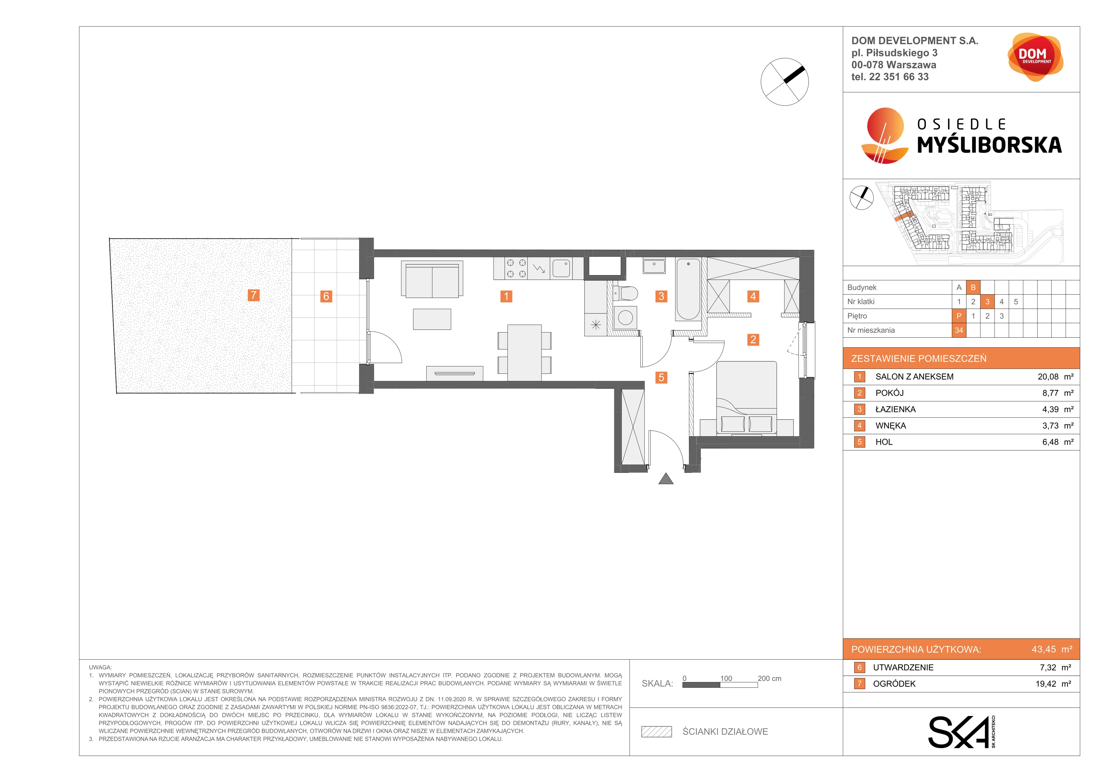 2 pokoje, mieszkanie 43,45 m², parter, oferta nr B/34, Osiedle Myśliborska, Warszawa, Białołęka, Żerań, ul. Myśliborska / Ochorowicza