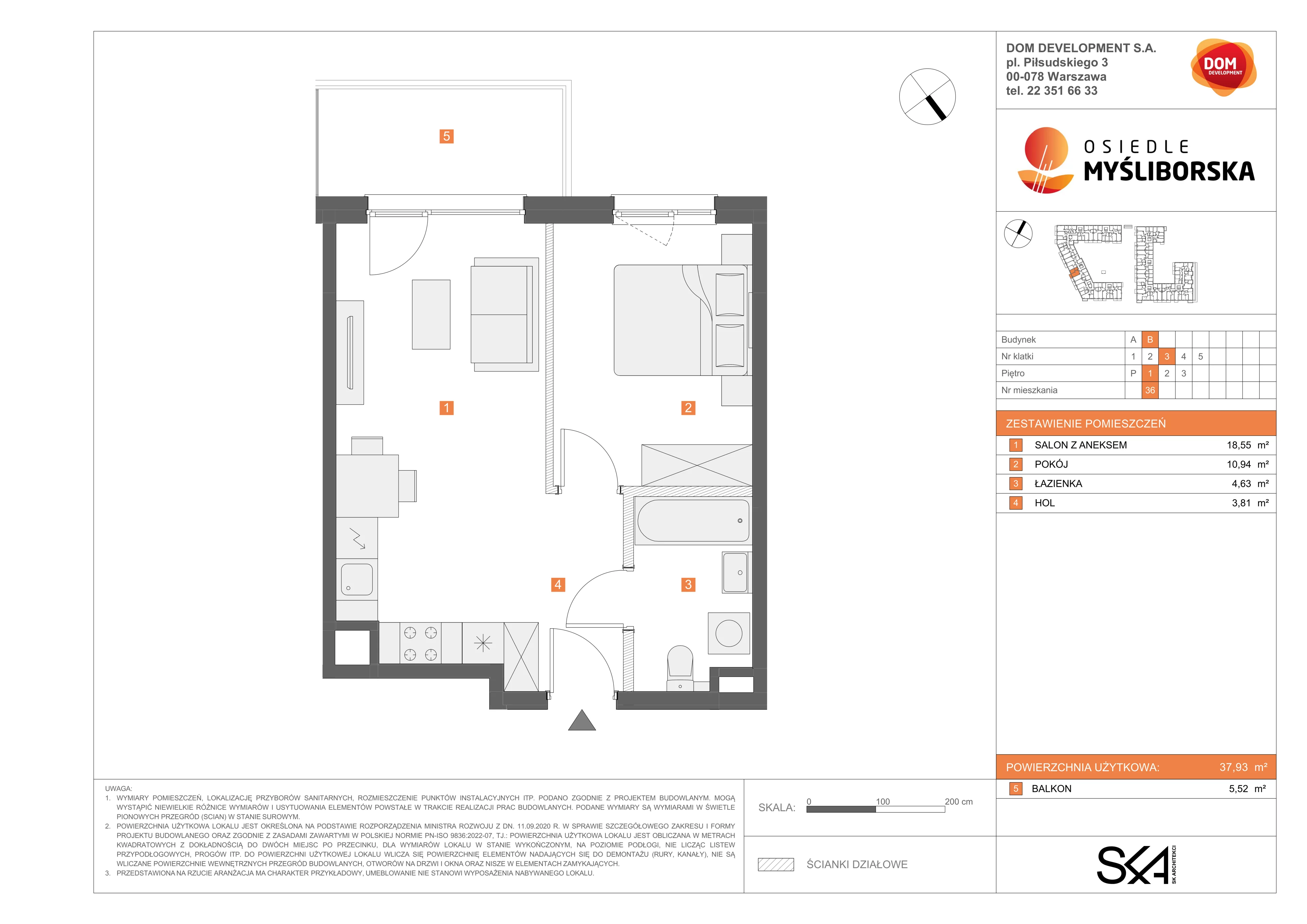 2 pokoje, mieszkanie 37,93 m², piętro 1, oferta nr B/36, Osiedle Myśliborska, Warszawa, Białołęka, Żerań, ul. Myśliborska / Ochorowicza