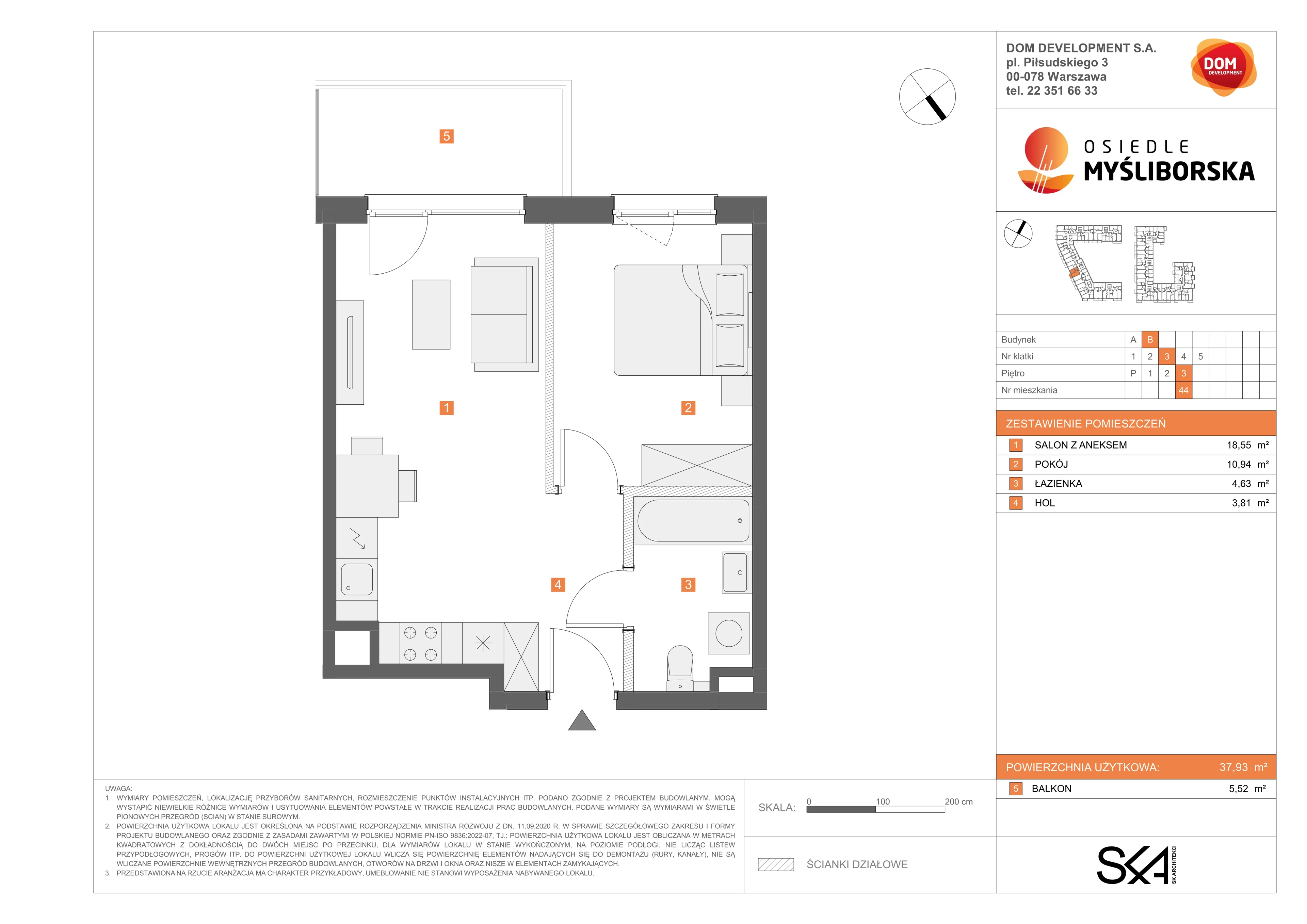 2 pokoje, mieszkanie 37,93 m², piętro 3, oferta nr B/44, Osiedle Myśliborska, Warszawa, Białołęka, Żerań, ul. Myśliborska / Ochorowicza