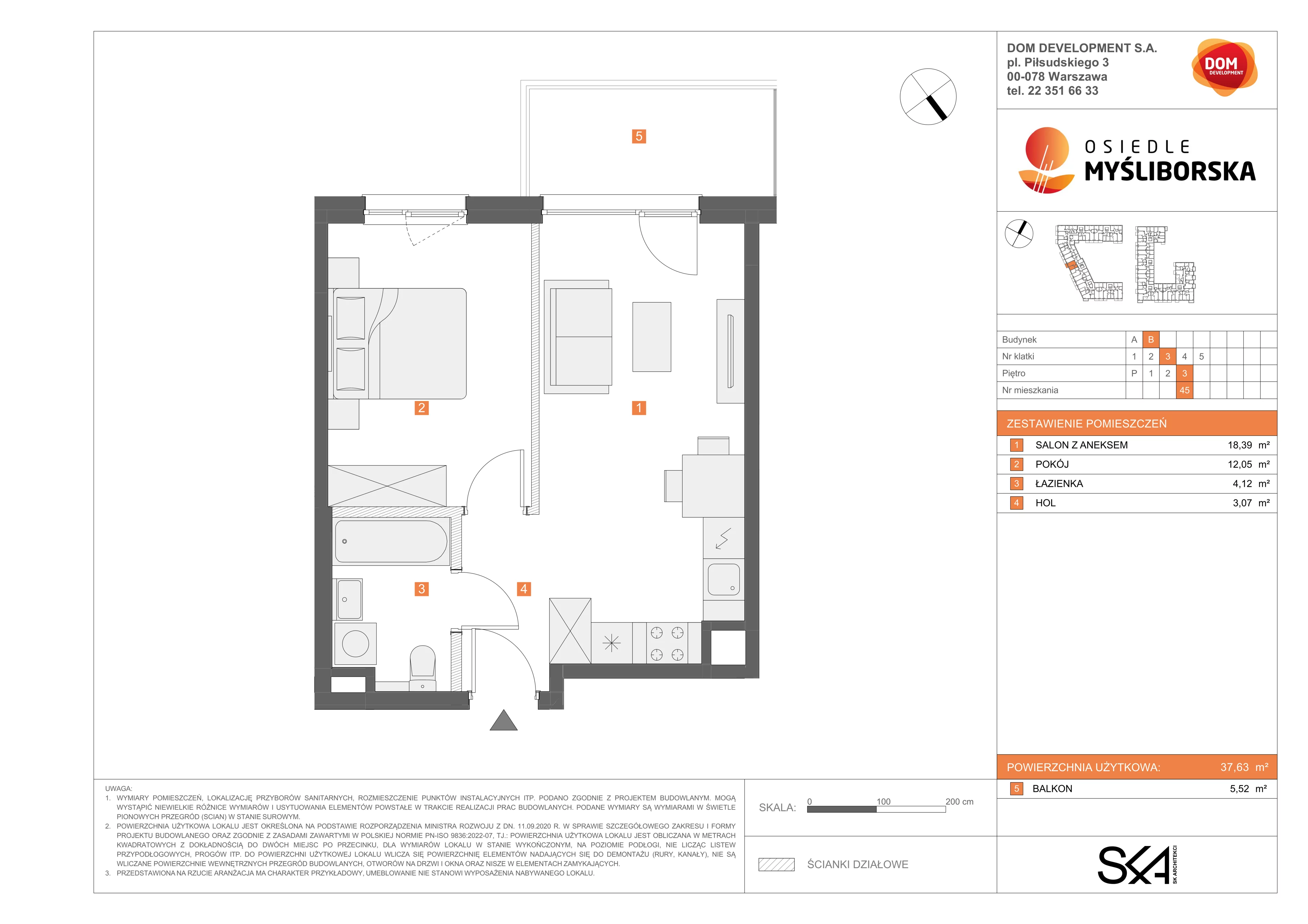 2 pokoje, mieszkanie 37,63 m², piętro 3, oferta nr B/45, Osiedle Myśliborska, Warszawa, Białołęka, Żerań, ul. Myśliborska / Ochorowicza