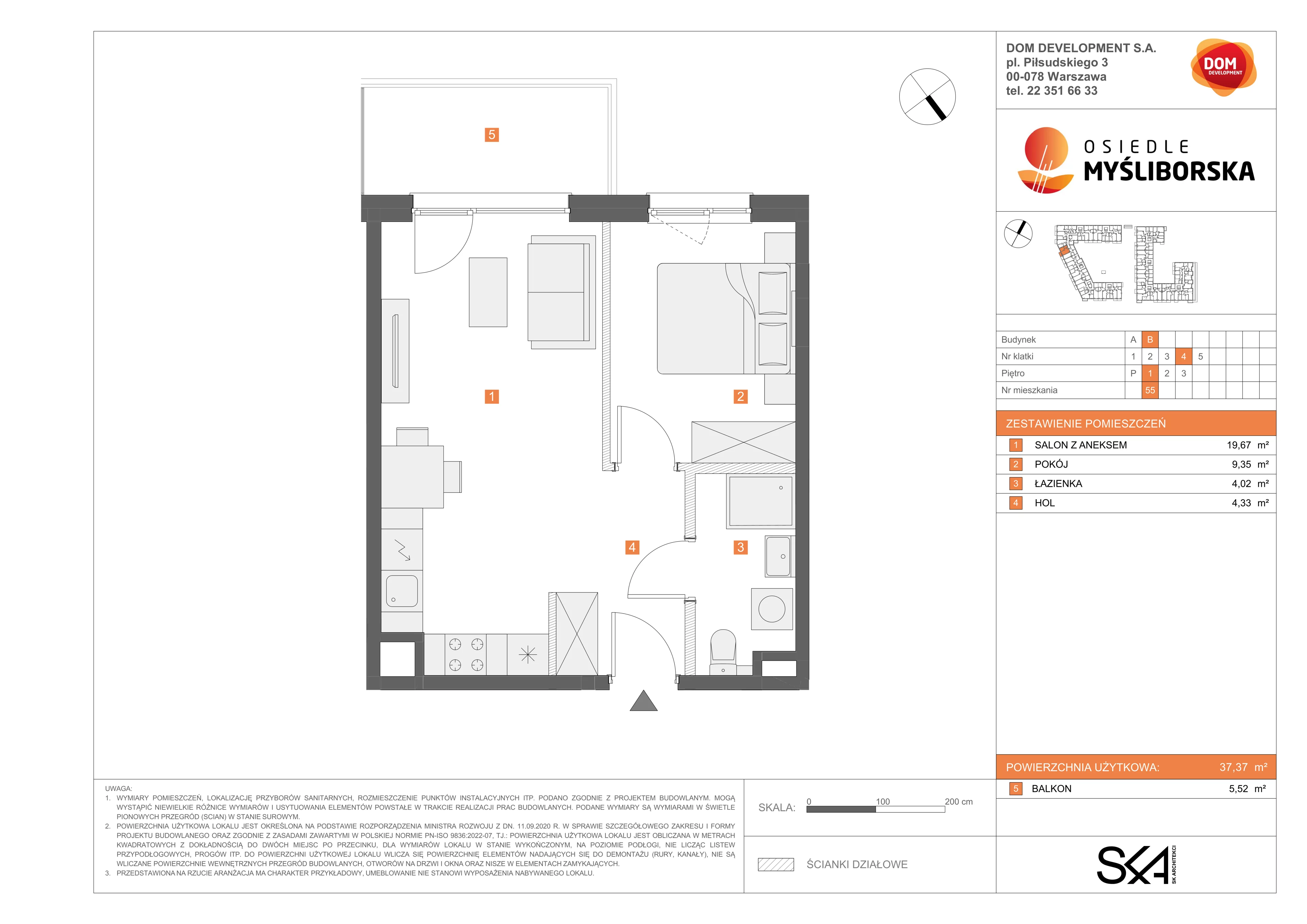2 pokoje, mieszkanie 37,37 m², piętro 1, oferta nr B/55, Osiedle Myśliborska, Warszawa, Białołęka, Żerań, ul. Myśliborska / Ochorowicza