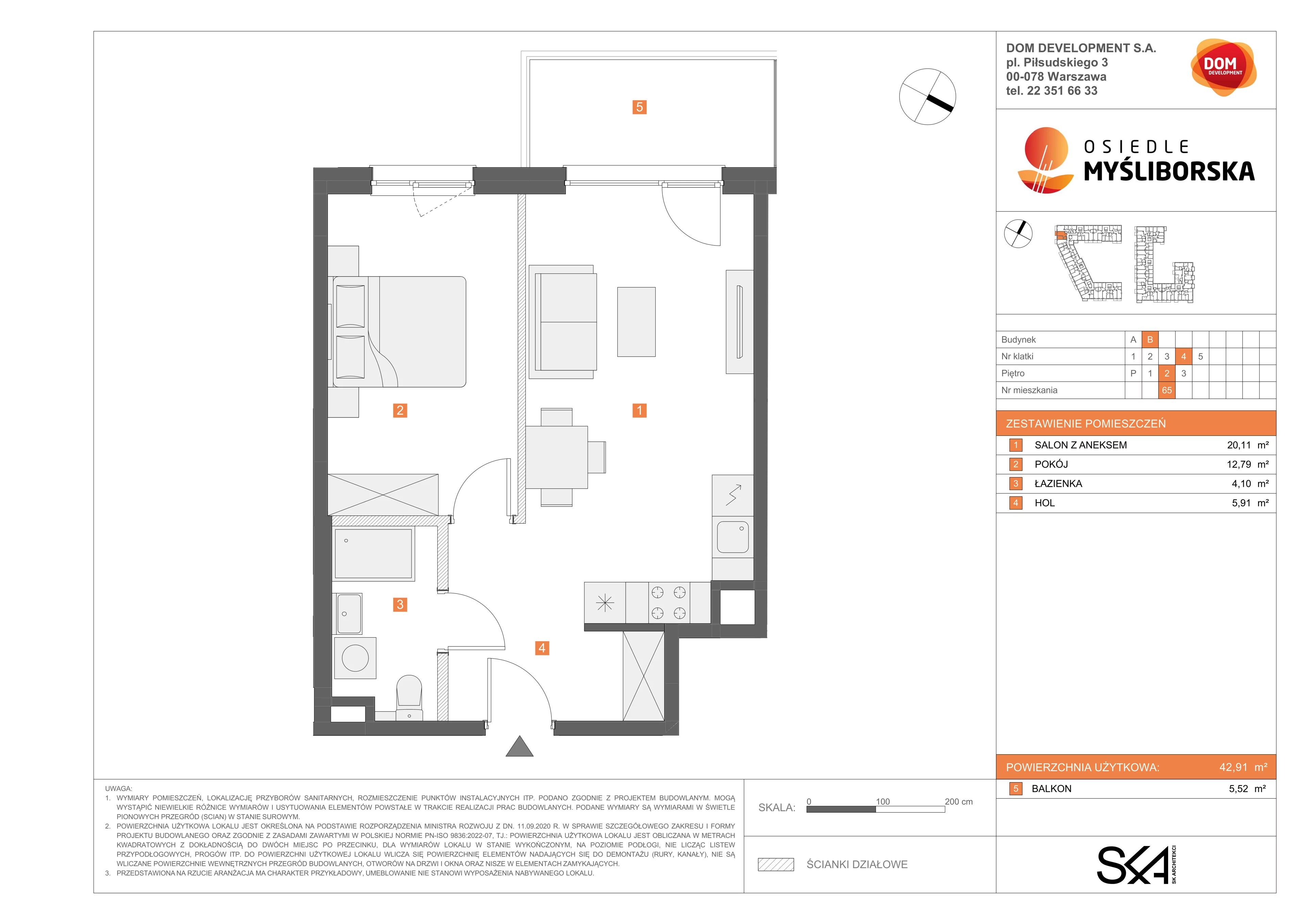 2 pokoje, mieszkanie 42,91 m², piętro 2, oferta nr B/65, Osiedle Myśliborska, Warszawa, Białołęka, Żerań, ul. Myśliborska / Ochorowicza
