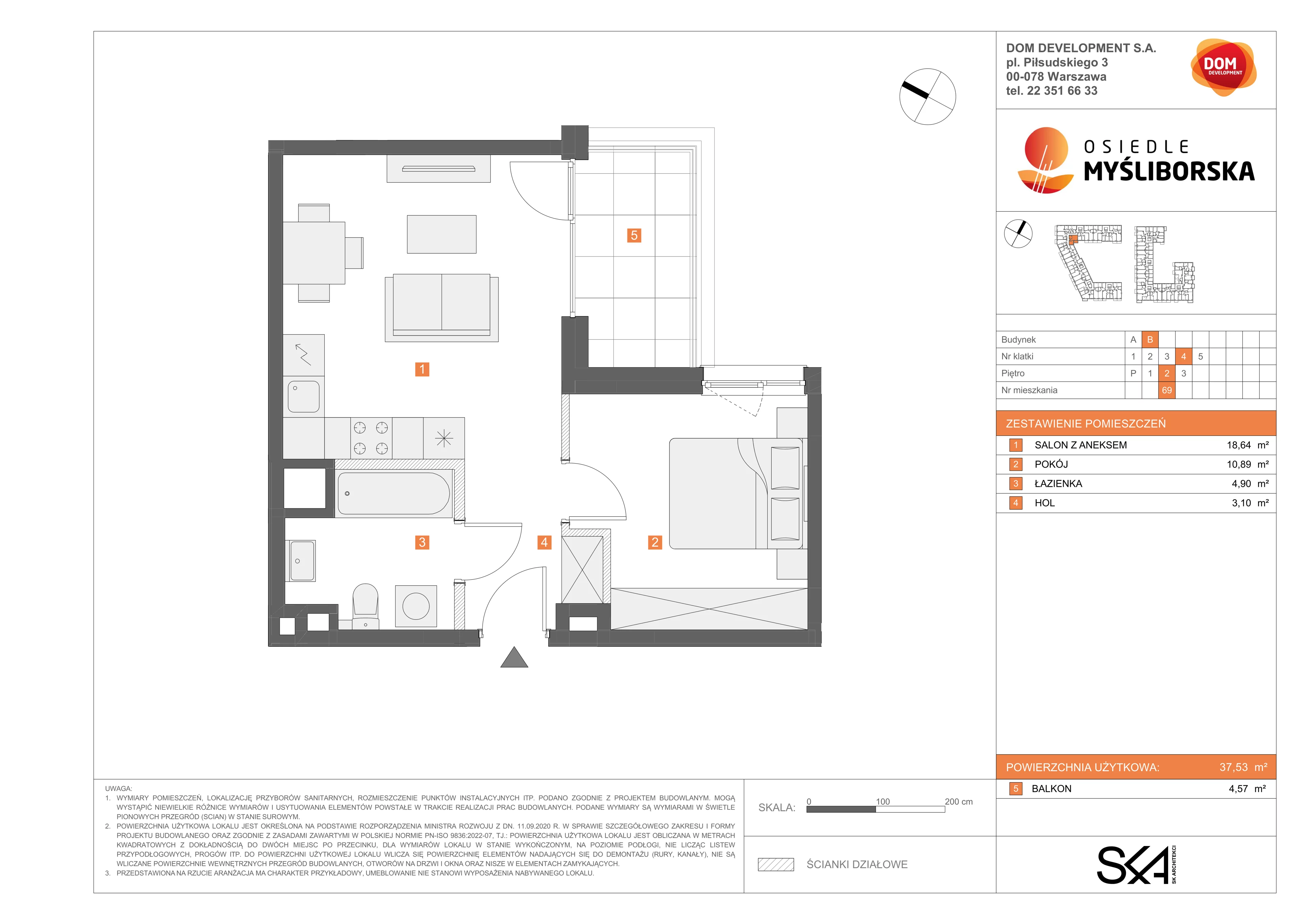 2 pokoje, mieszkanie 37,53 m², piętro 2, oferta nr B/69, Osiedle Myśliborska, Warszawa, Białołęka, Żerań, ul. Myśliborska / Ochorowicza