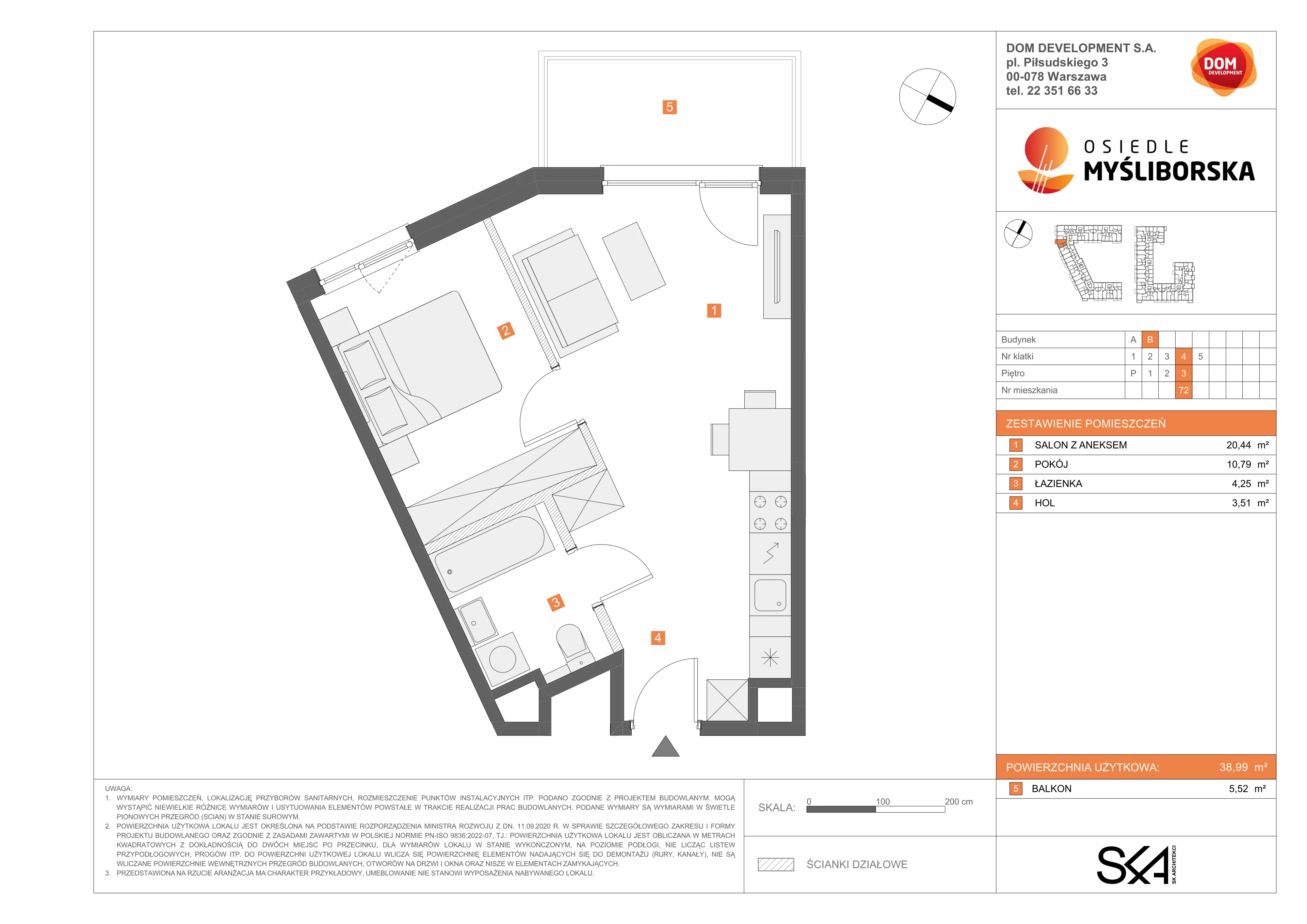 2 pokoje, mieszkanie 38,99 m², piętro 3, oferta nr B/72, Osiedle Myśliborska, Warszawa, Białołęka, Żerań, ul. Myśliborska / Ochorowicza