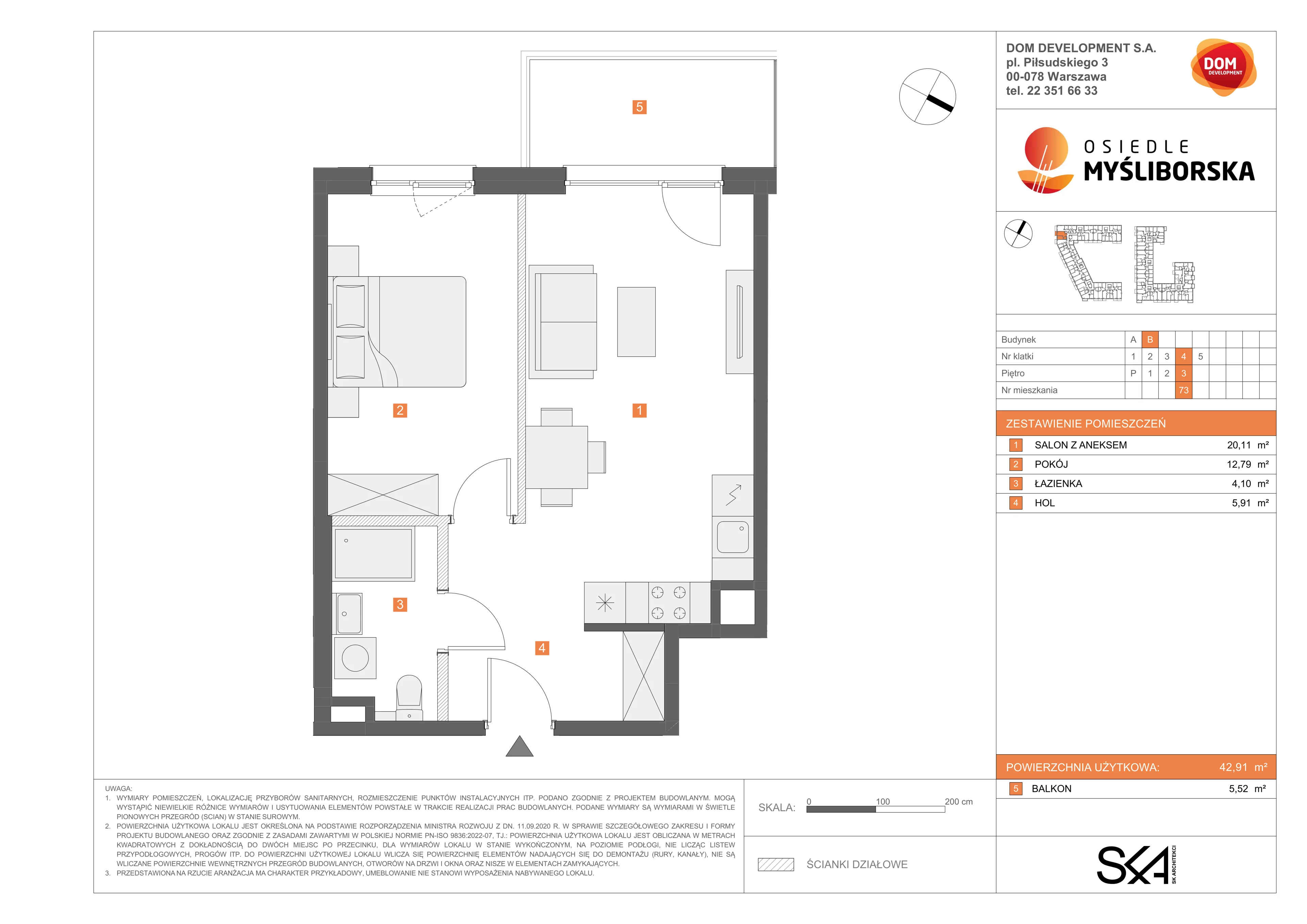 2 pokoje, mieszkanie 42,91 m², piętro 3, oferta nr B/73, Osiedle Myśliborska, Warszawa, Białołęka, Żerań, ul. Myśliborska / Ochorowicza