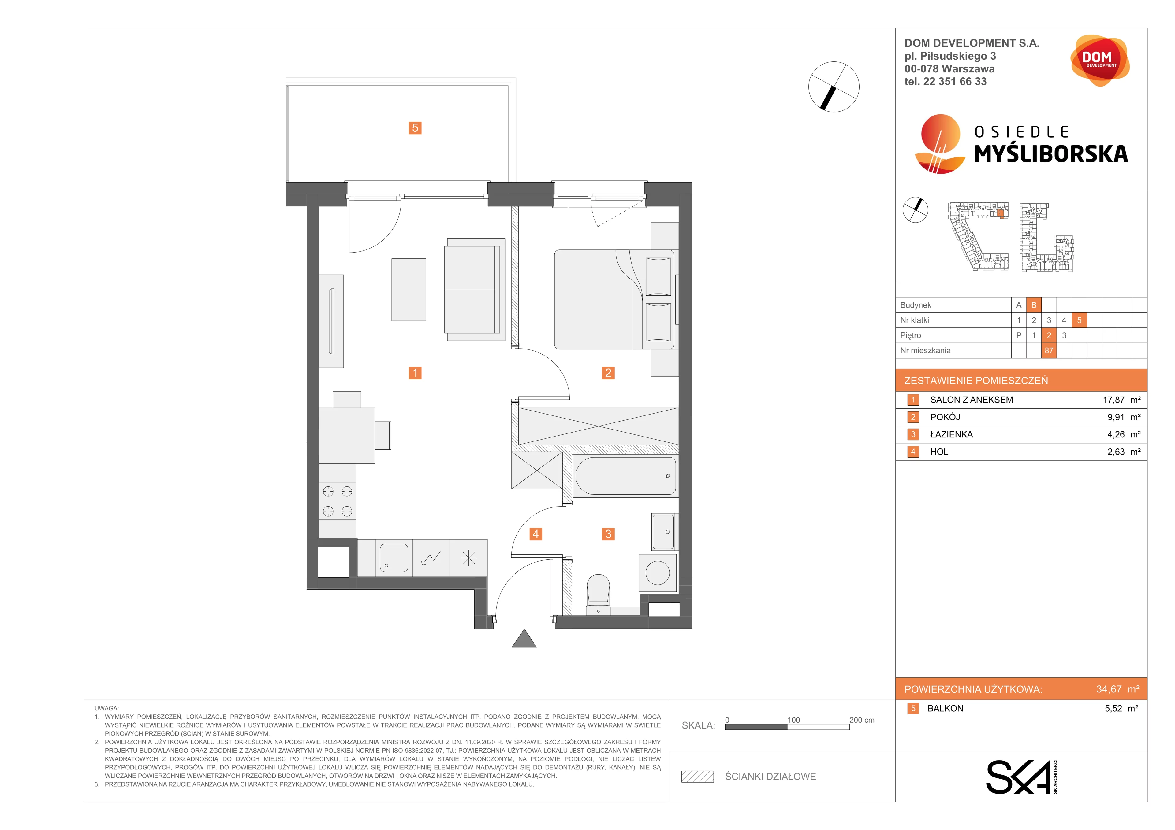 2 pokoje, mieszkanie 34,67 m², piętro 2, oferta nr B/87, Osiedle Myśliborska, Warszawa, Białołęka, Żerań, ul. Myśliborska / Ochorowicza