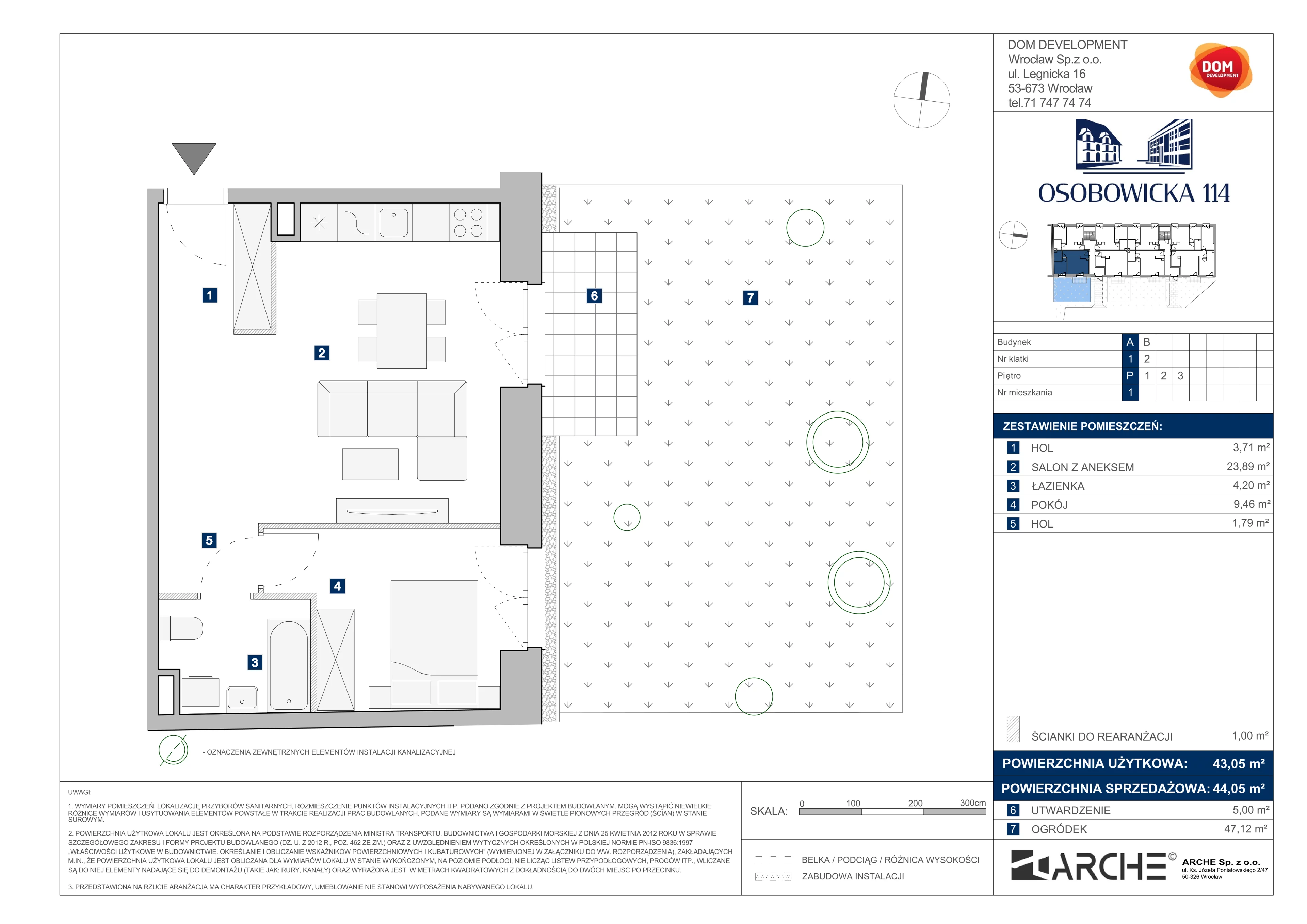 2 pokoje, mieszkanie 44,05 m², parter, oferta nr A/1, Osobowicka 114, Wrocław, Osobowice-Rędzin, Fabryczna, ul. Osobowicka 114
