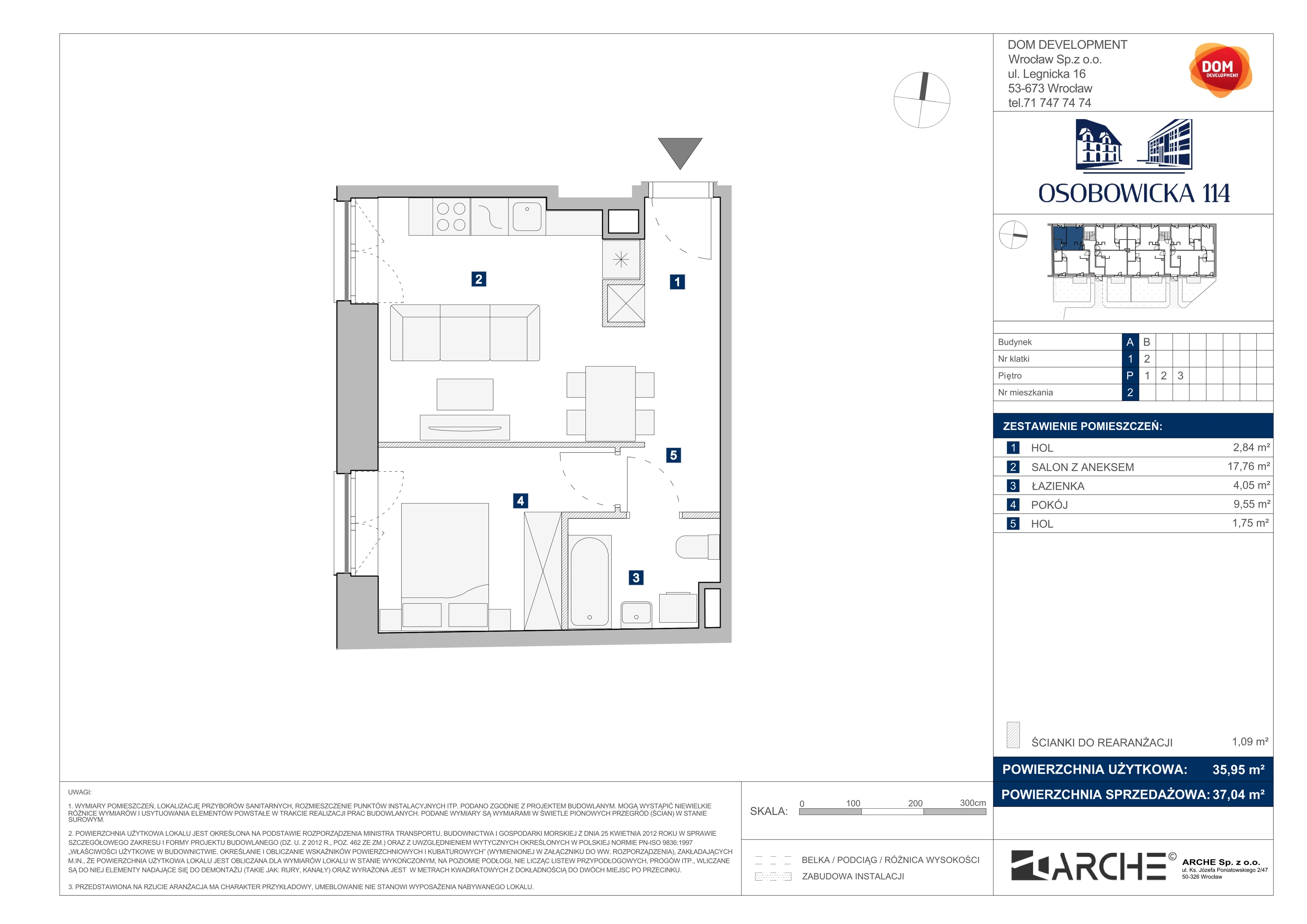 2 pokoje, mieszkanie 37,04 m², parter, oferta nr A/2, Osobowicka 114, Wrocław, Osobowice-Rędzin, Fabryczna, ul. Osobowicka 114