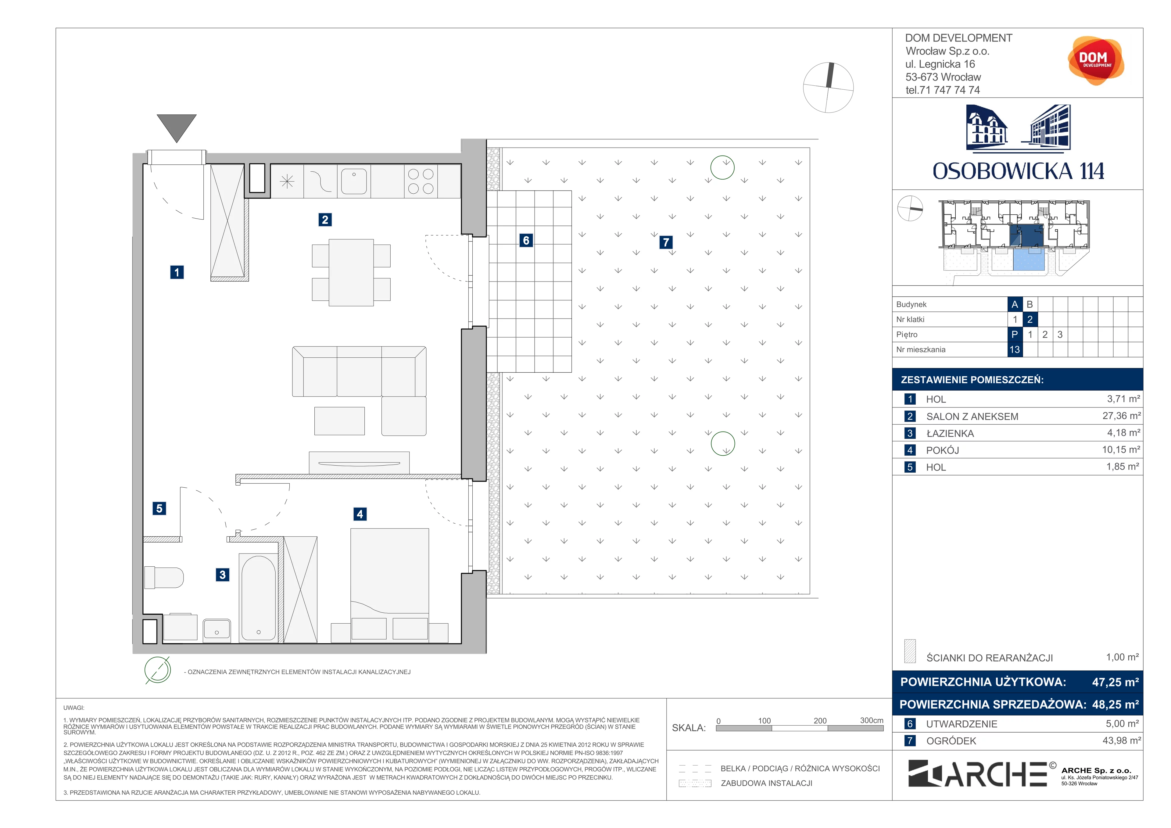 2 pokoje, mieszkanie 48,25 m², parter, oferta nr A/13, Osobowicka 114, Wrocław, Osobowice-Rędzin, Fabryczna, ul. Osobowicka 114