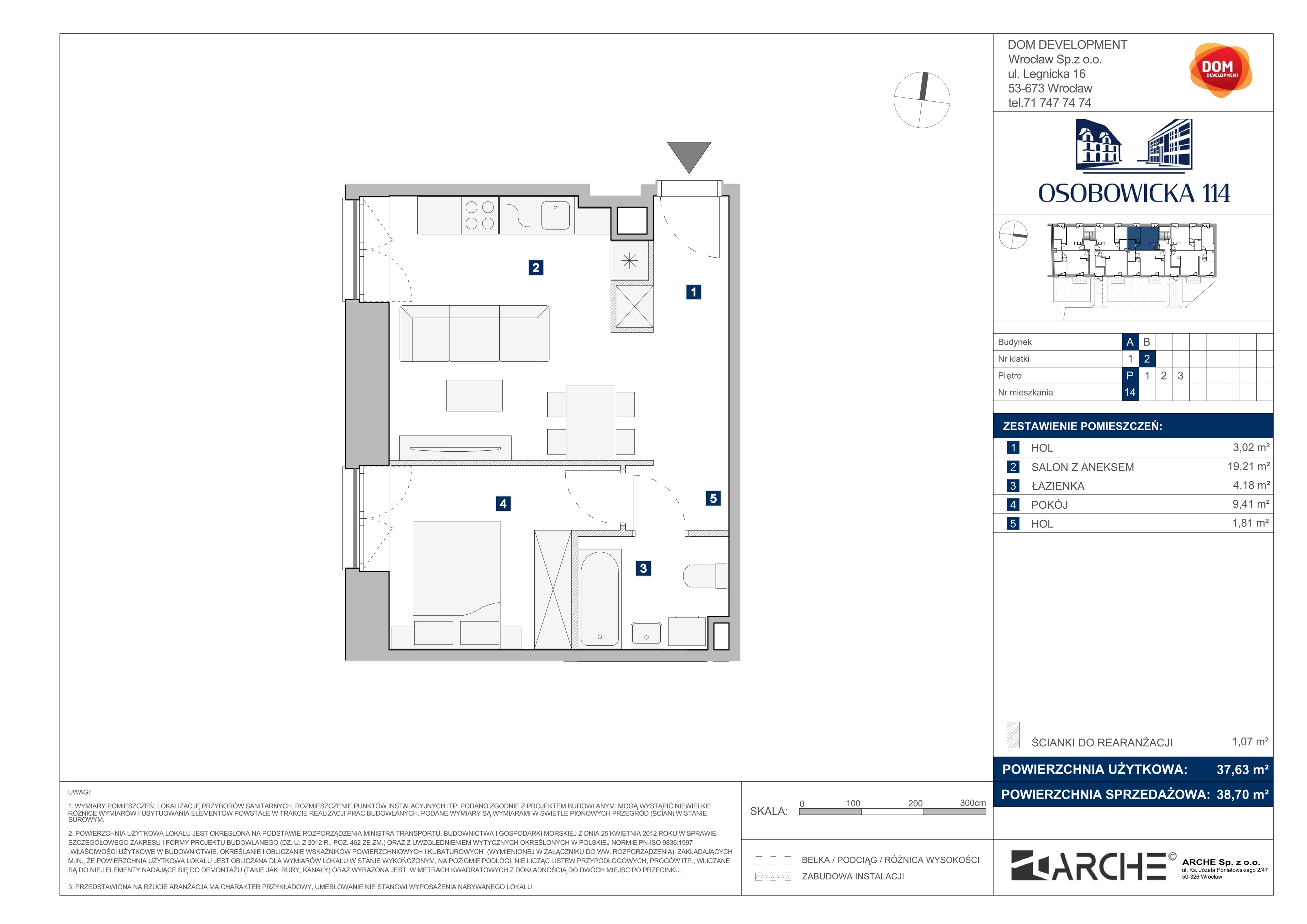 2 pokoje, mieszkanie 38,70 m², parter, oferta nr A/14, Osobowicka 114, Wrocław, Osobowice-Rędzin, Fabryczna, ul. Osobowicka 114