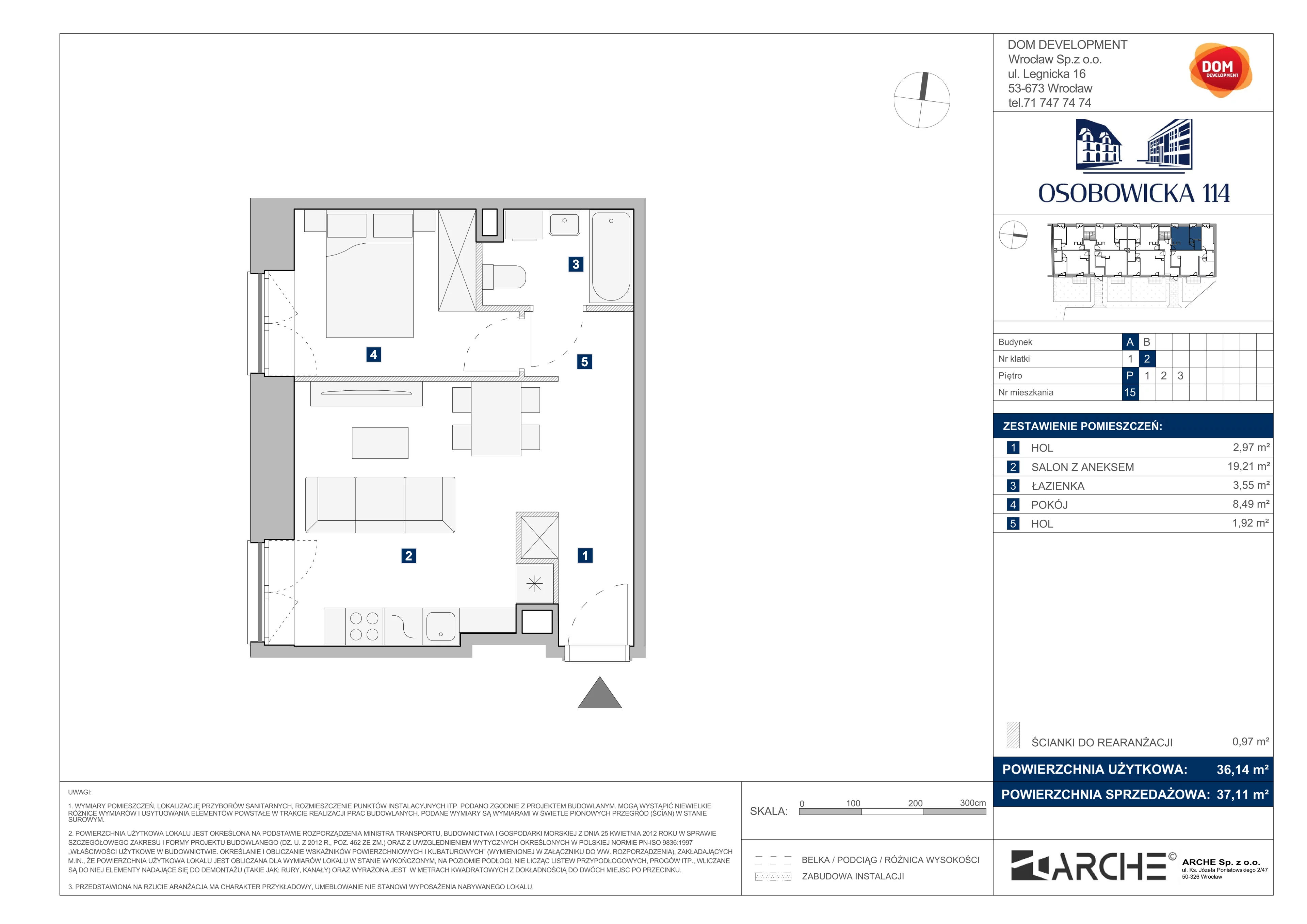 2 pokoje, mieszkanie 37,11 m², parter, oferta nr A/15, Osobowicka 114, Wrocław, Osobowice-Rędzin, Fabryczna, ul. Osobowicka 114