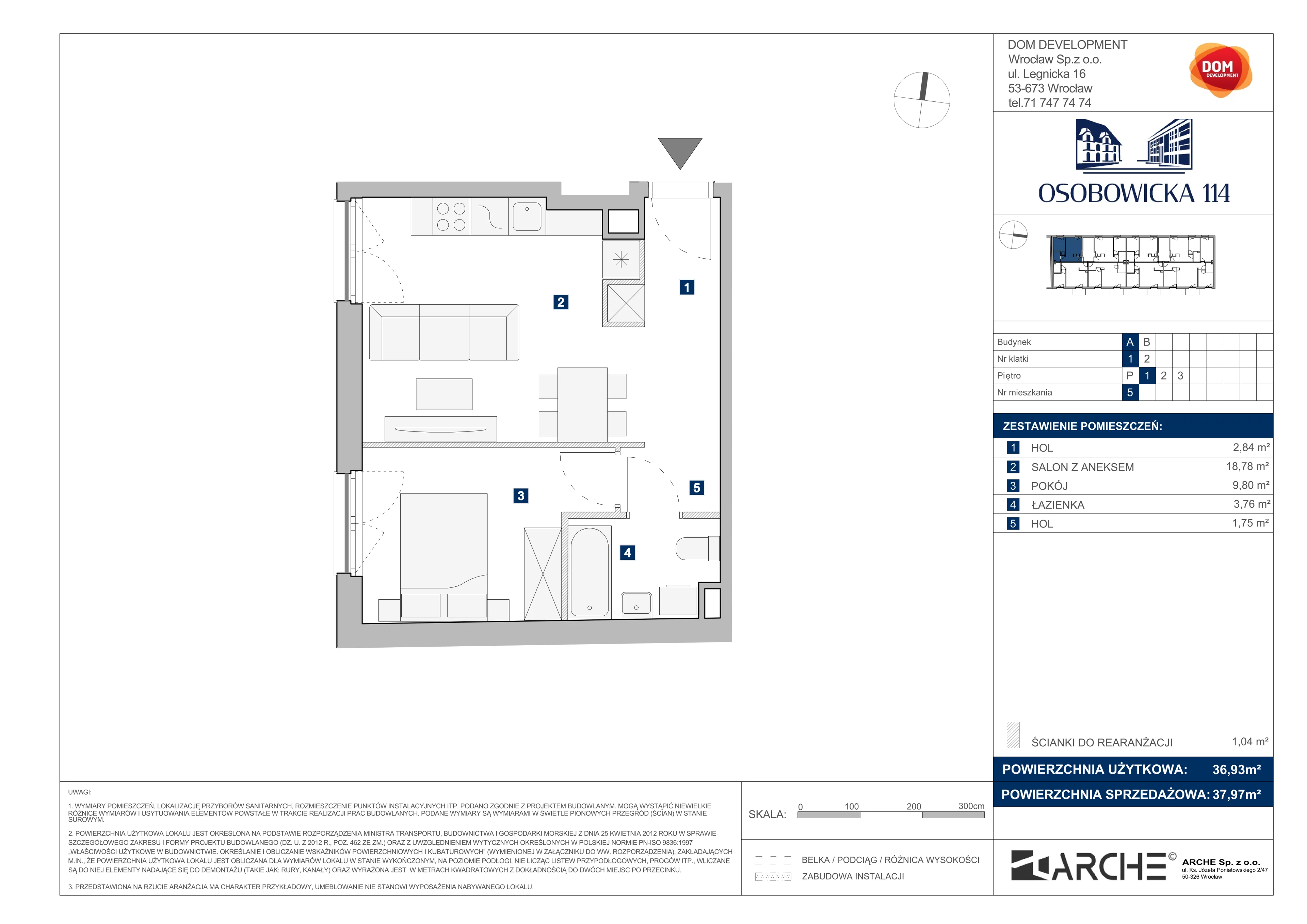 2 pokoje, mieszkanie 37,97 m², piętro 1, oferta nr A/5, Osobowicka 114, Wrocław, Osobowice-Rędzin, Fabryczna, ul. Osobowicka 114