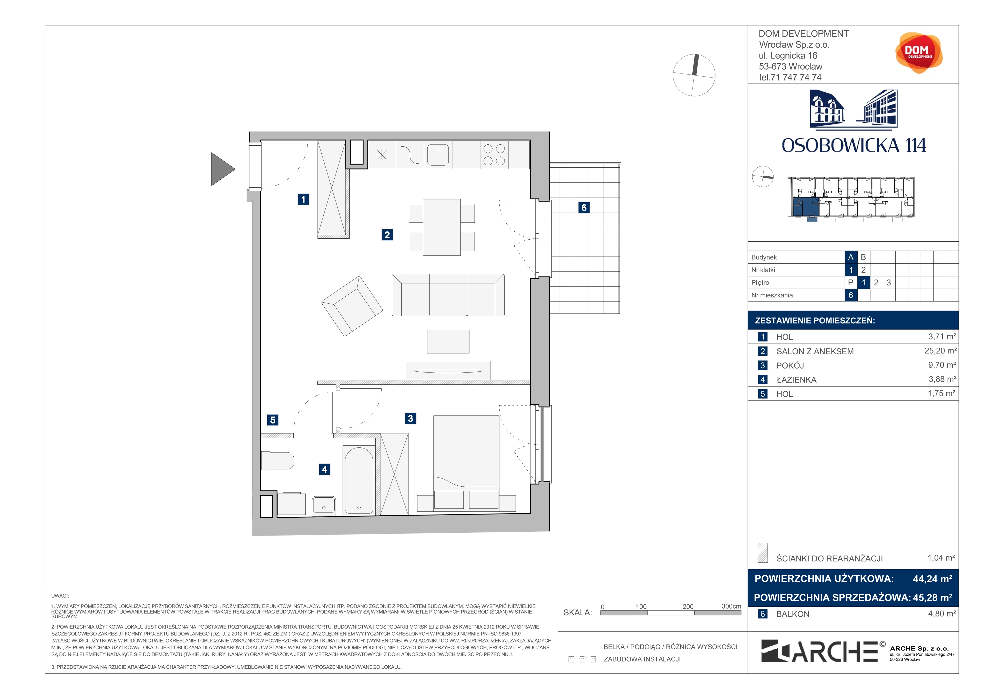 2 pokoje, mieszkanie 45,28 m², piętro 1, oferta nr A/6, Osobowicka 114, Wrocław, Osobowice-Rędzin, Fabryczna, ul. Osobowicka 114