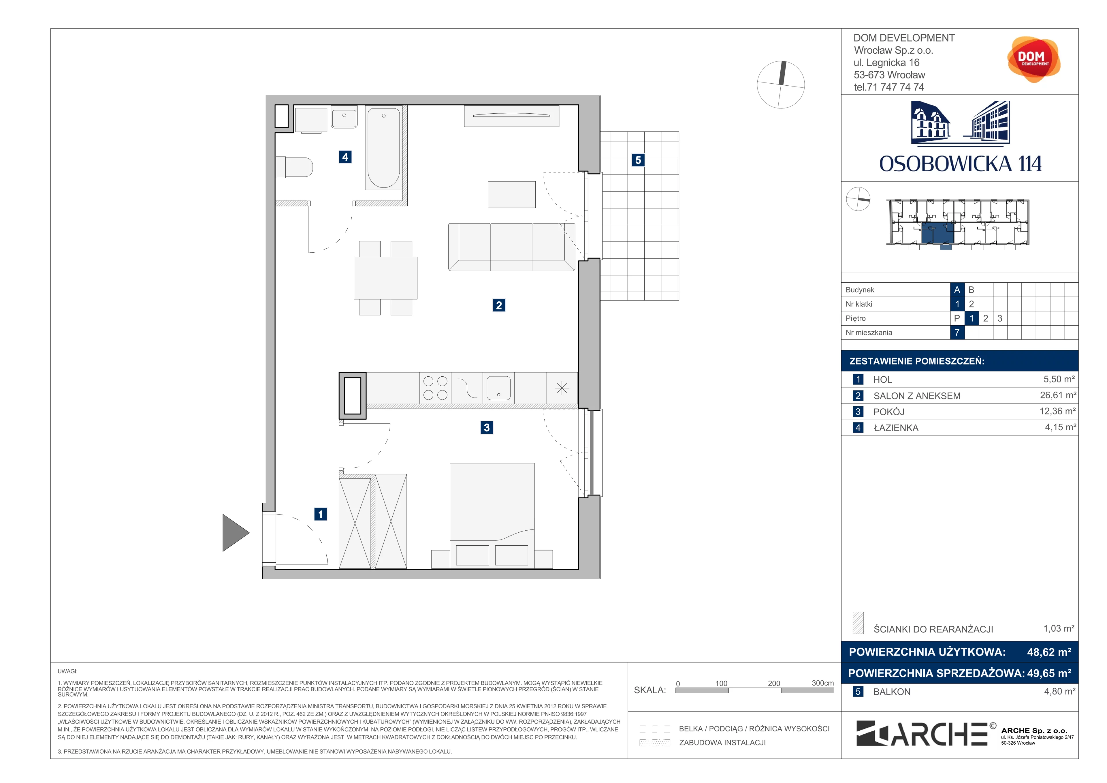 2 pokoje, mieszkanie 49,65 m², piętro 1, oferta nr A/7, Osobowicka 114, Wrocław, Osobowice-Rędzin, Fabryczna, ul. Osobowicka 114