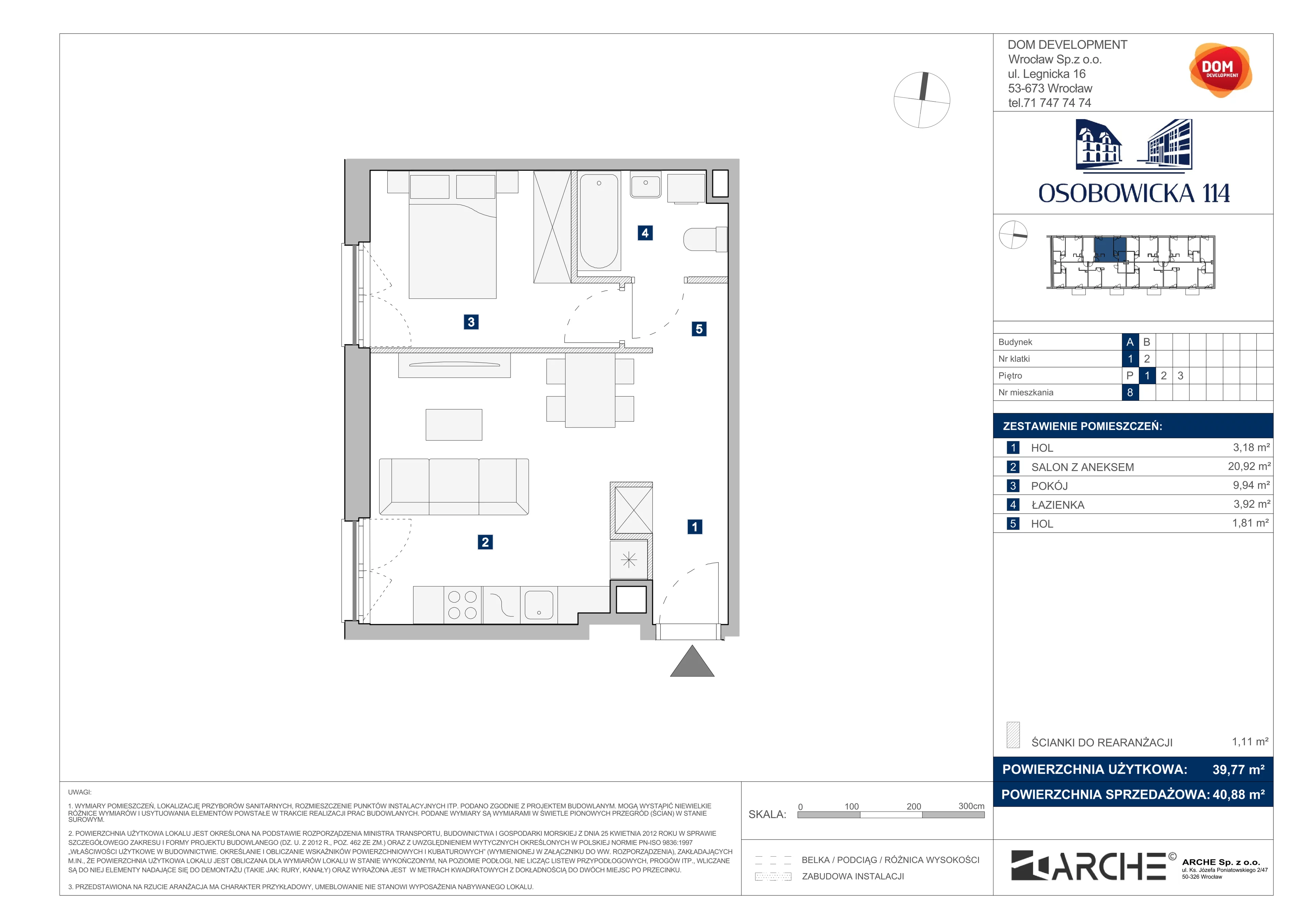 2 pokoje, mieszkanie 40,88 m², piętro 1, oferta nr A/8, Osobowicka 114, Wrocław, Osobowice-Rędzin, Fabryczna, ul. Osobowicka 114