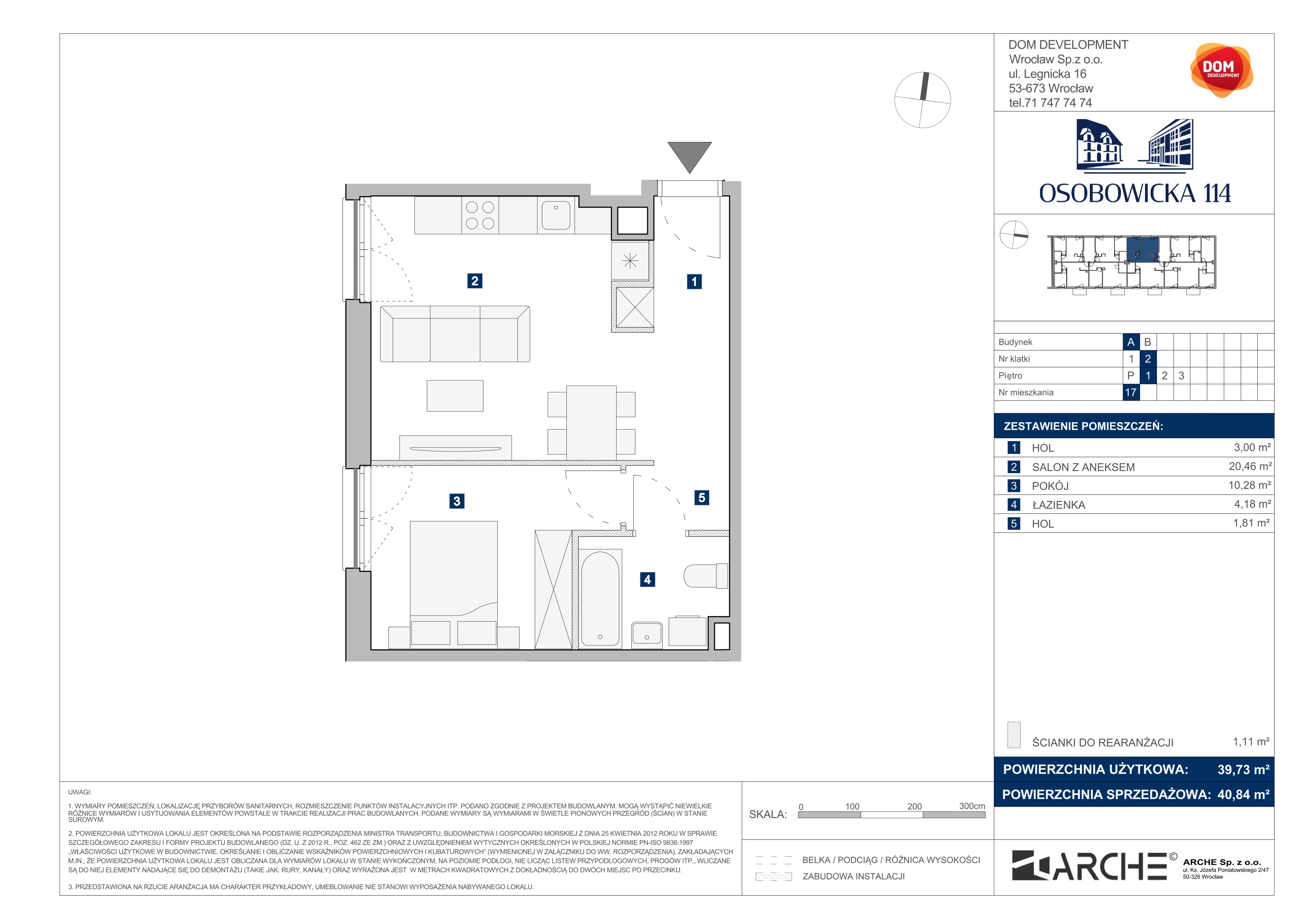 2 pokoje, mieszkanie 40,84 m², piętro 1, oferta nr A/17, Osobowicka 114, Wrocław, Osobowice-Rędzin, Fabryczna, ul. Osobowicka 114