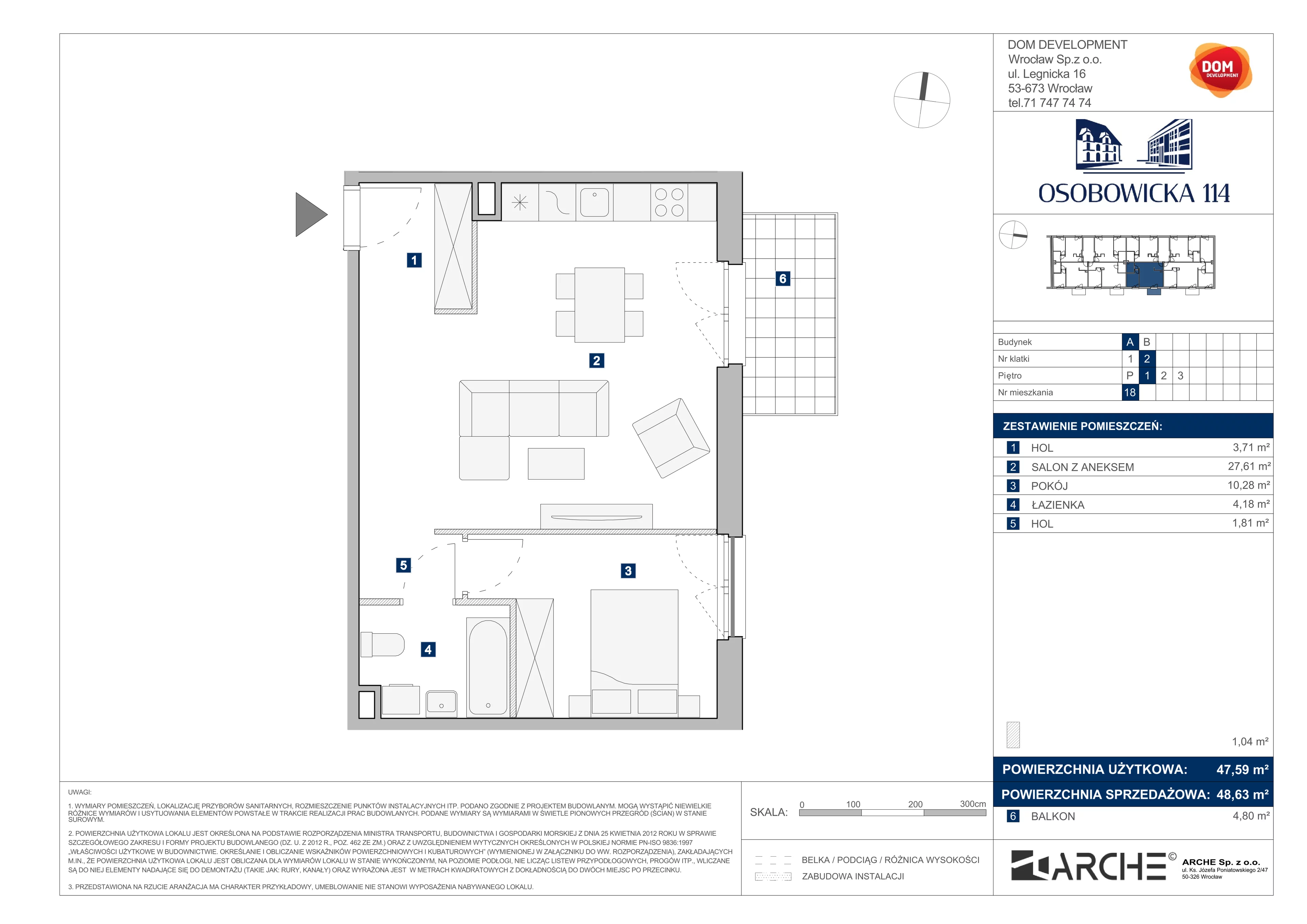 2 pokoje, mieszkanie 48,63 m², piętro 1, oferta nr A/18, Osobowicka 114, Wrocław, Osobowice-Rędzin, Fabryczna, ul. Osobowicka 114