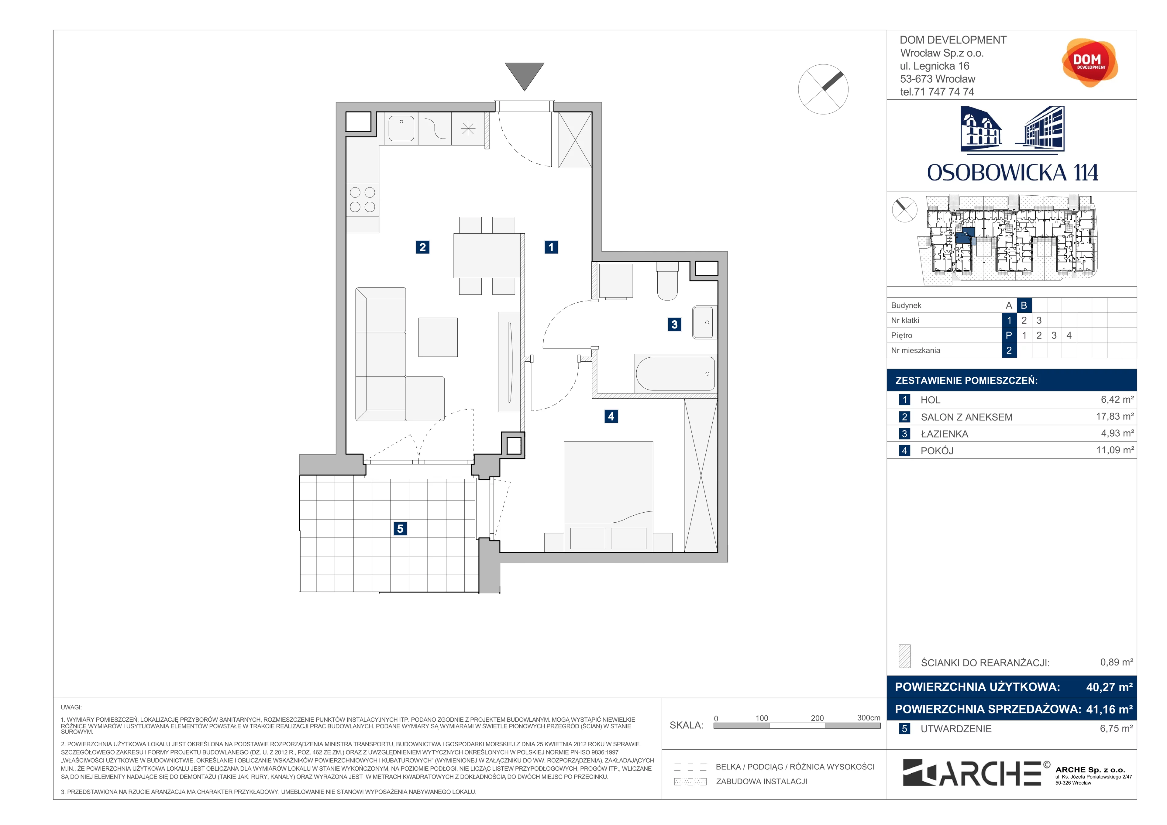 2 pokoje, mieszkanie 41,16 m², parter, oferta nr B/2, Osobowicka 114, Wrocław, Osobowice-Rędzin, Fabryczna, ul. Osobowicka 114