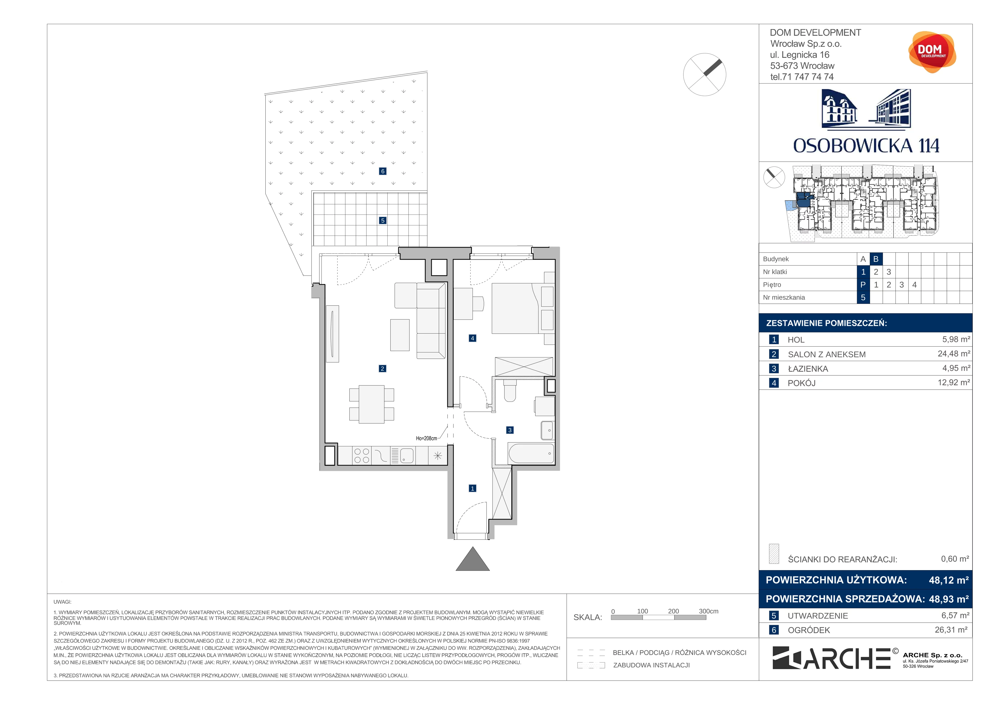 2 pokoje, mieszkanie 48,93 m², parter, oferta nr B/5, Osobowicka 114, Wrocław, Osobowice-Rędzin, Fabryczna, ul. Osobowicka 114