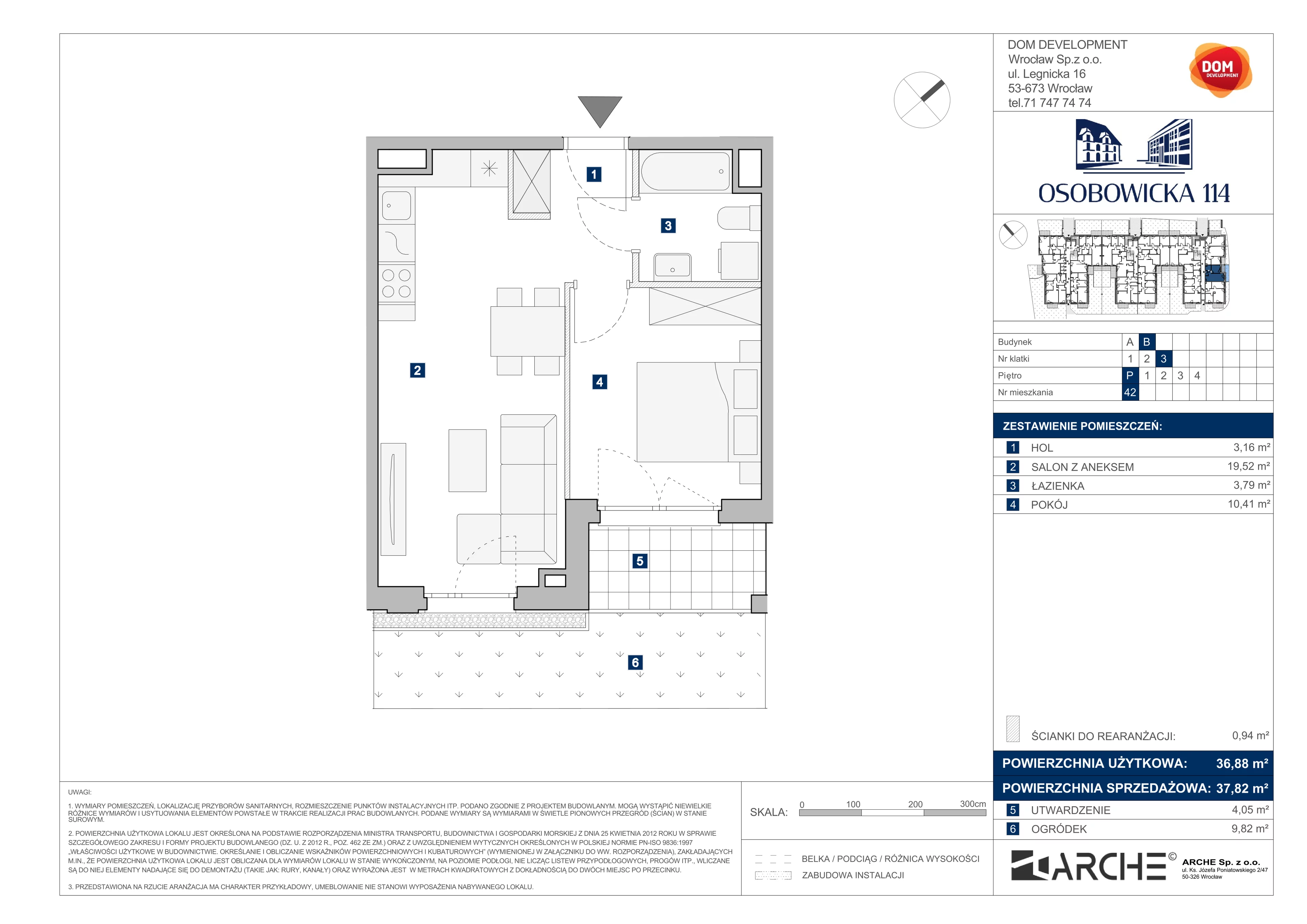 2 pokoje, mieszkanie 37,82 m², parter, oferta nr B/42, Osobowicka 114, Wrocław, Osobowice-Rędzin, Fabryczna, ul. Osobowicka 114