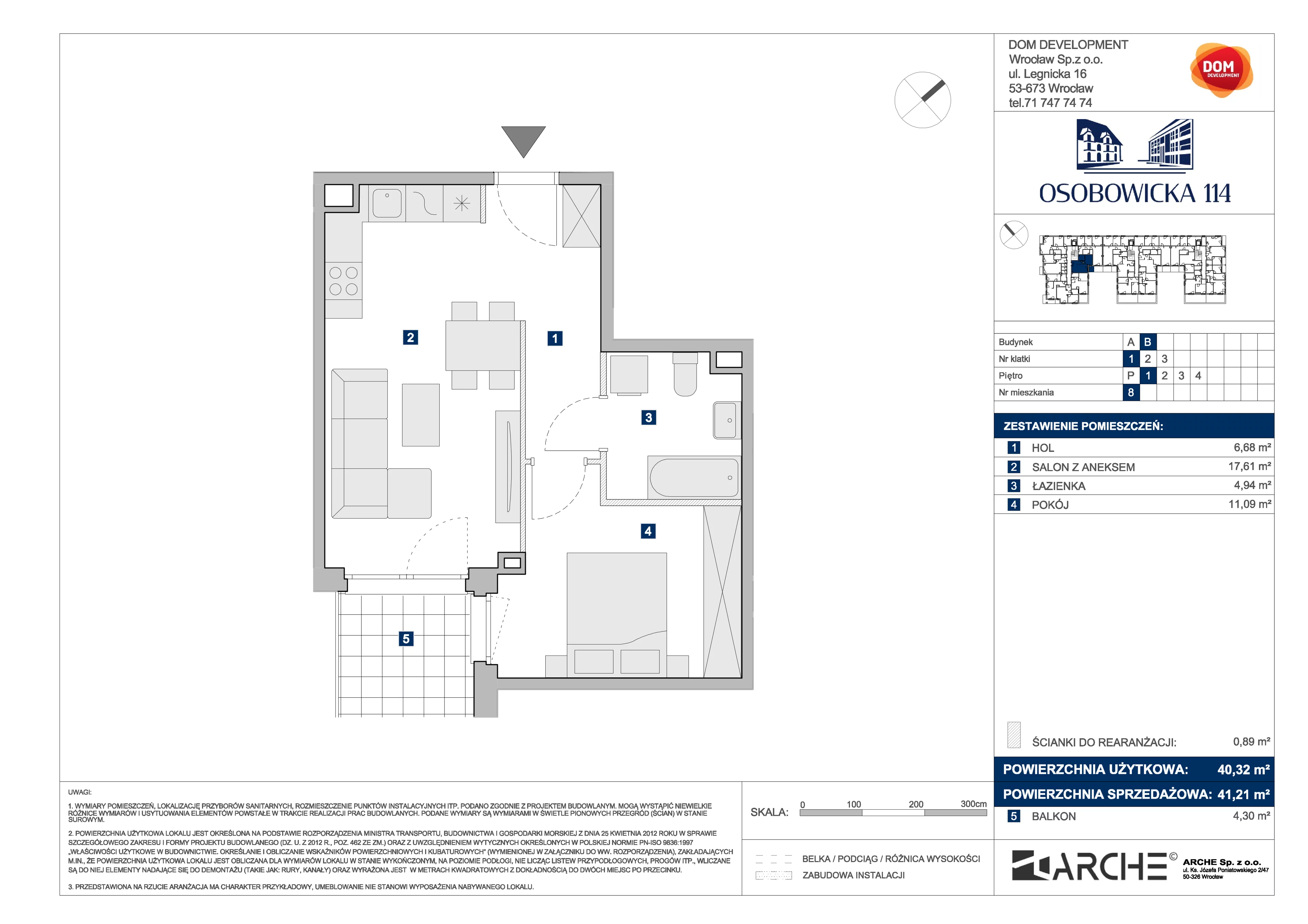 2 pokoje, mieszkanie 41,21 m², piętro 1, oferta nr B/8, Osobowicka 114, Wrocław, Osobowice-Rędzin, Fabryczna, ul. Osobowicka 114