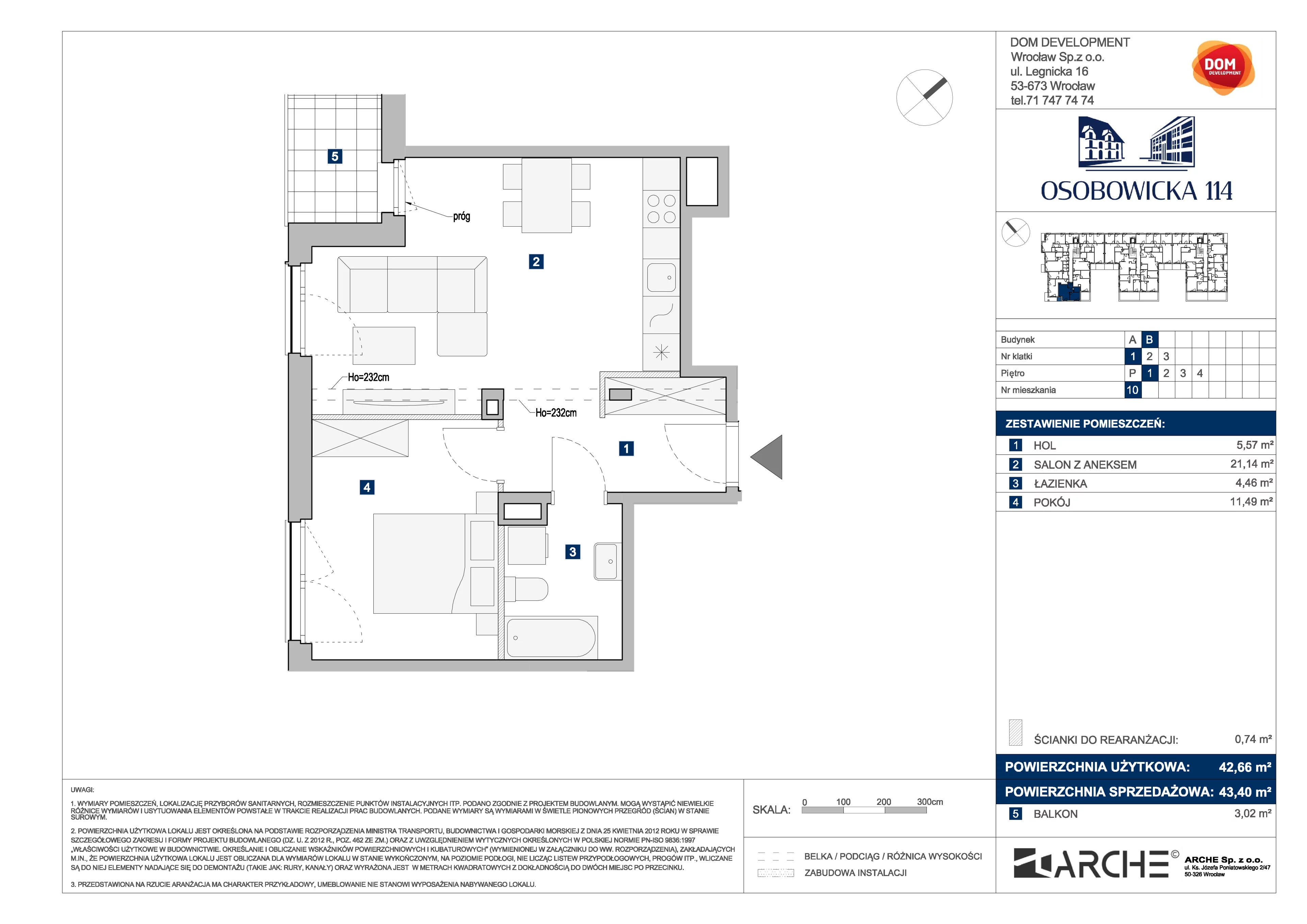 2 pokoje, mieszkanie 43,40 m², piętro 1, oferta nr B/10, Osobowicka 114, Wrocław, Osobowice-Rędzin, Fabryczna, ul. Osobowicka 114