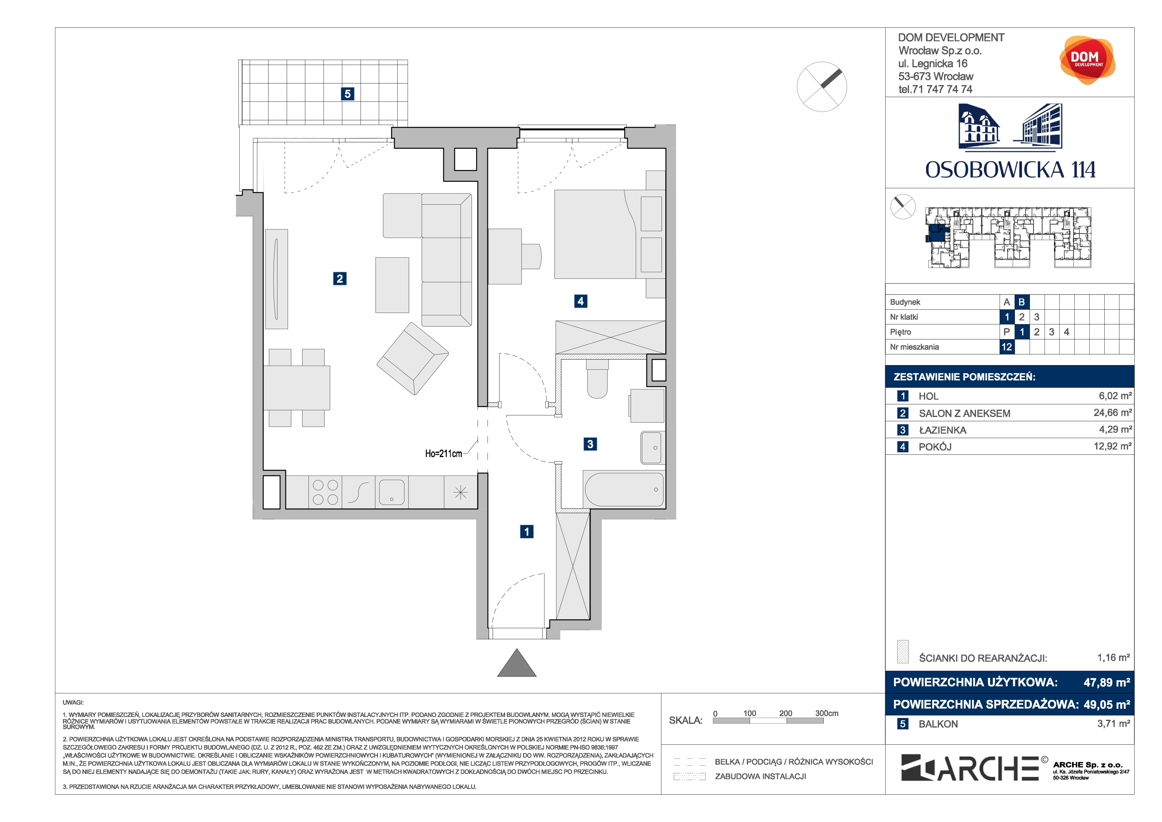 2 pokoje, mieszkanie 49,05 m², piętro 1, oferta nr B/12, Osobowicka 114, Wrocław, Osobowice-Rędzin, Fabryczna, ul. Osobowicka 114