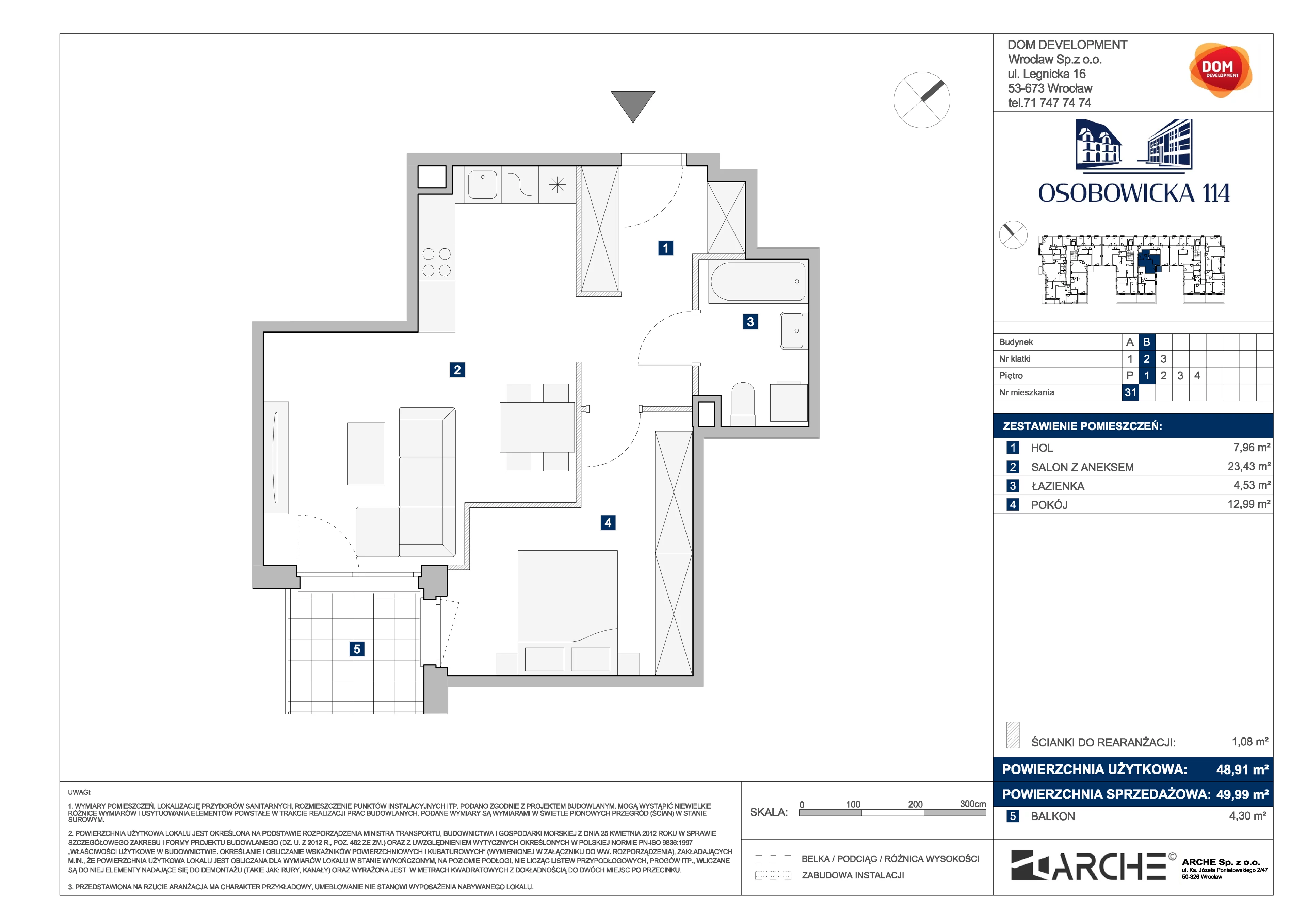 2 pokoje, mieszkanie 49,99 m², piętro 1, oferta nr B/31, Osobowicka 114, Wrocław, Osobowice-Rędzin, Fabryczna, ul. Osobowicka 114
