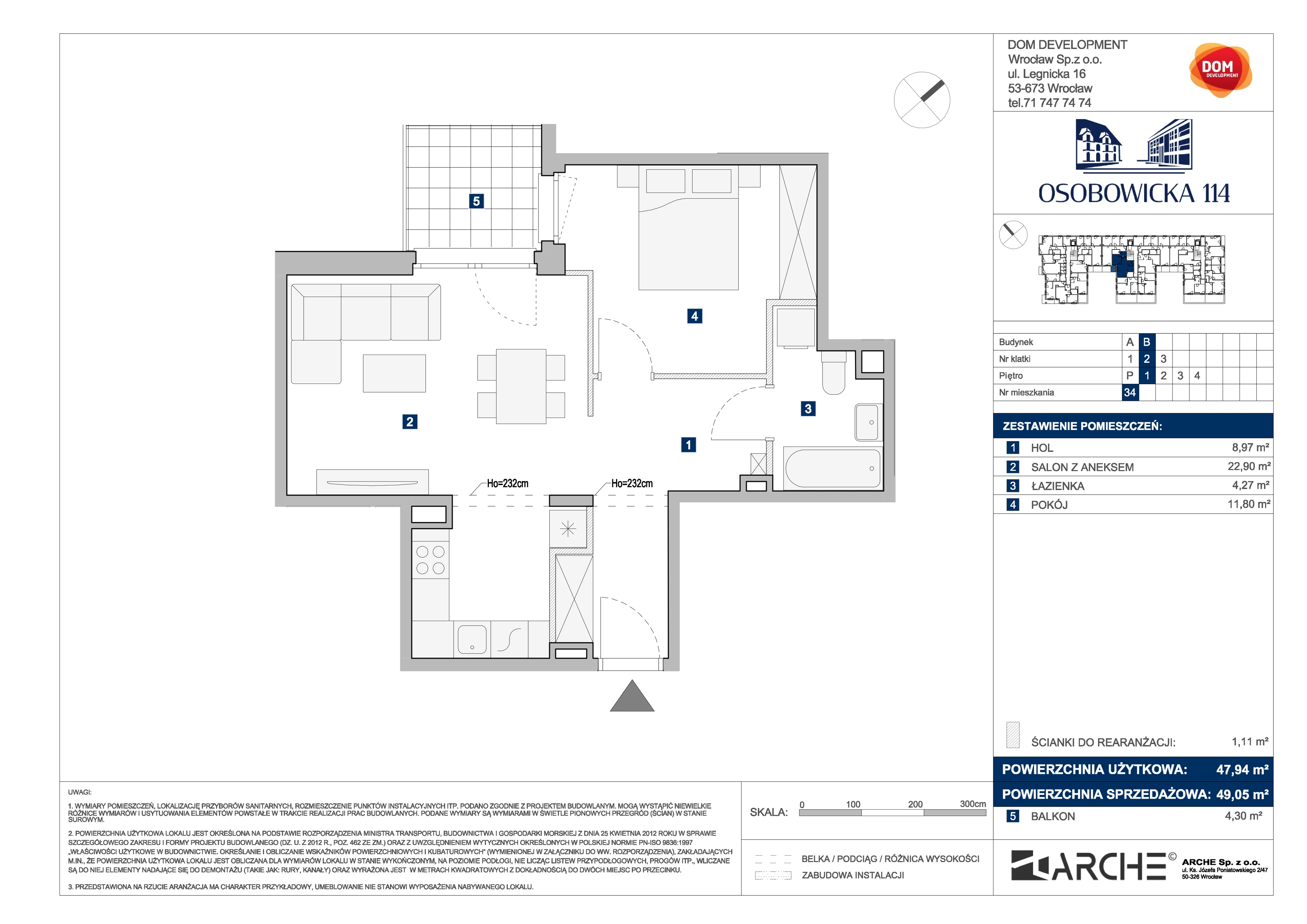 2 pokoje, mieszkanie 49,05 m², piętro 1, oferta nr B/34, Osobowicka 114, Wrocław, Osobowice-Rędzin, Fabryczna, ul. Osobowicka 114