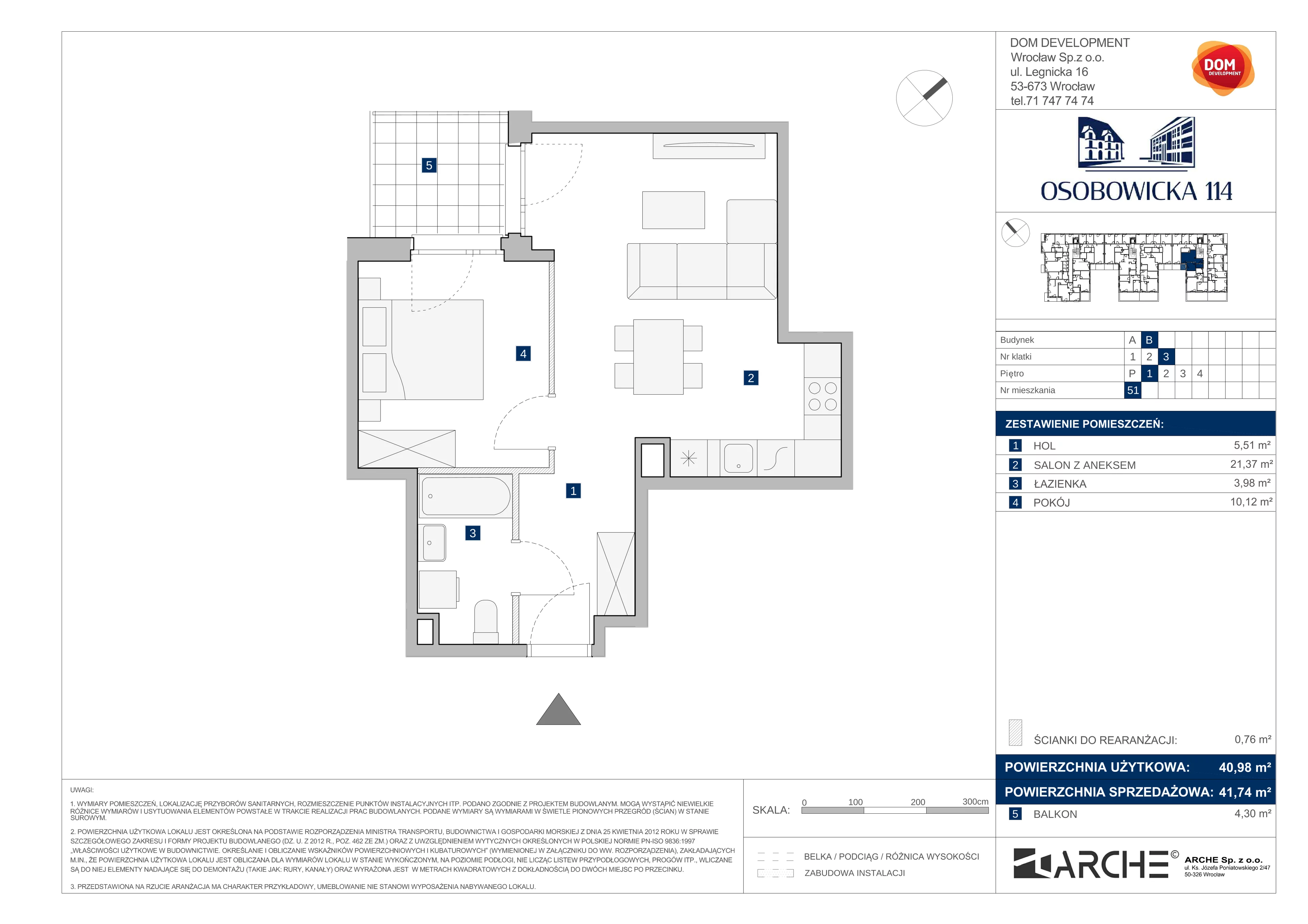 2 pokoje, mieszkanie 41,74 m², piętro 1, oferta nr B/51, Osobowicka 114, Wrocław, Osobowice-Rędzin, Fabryczna, ul. Osobowicka 114