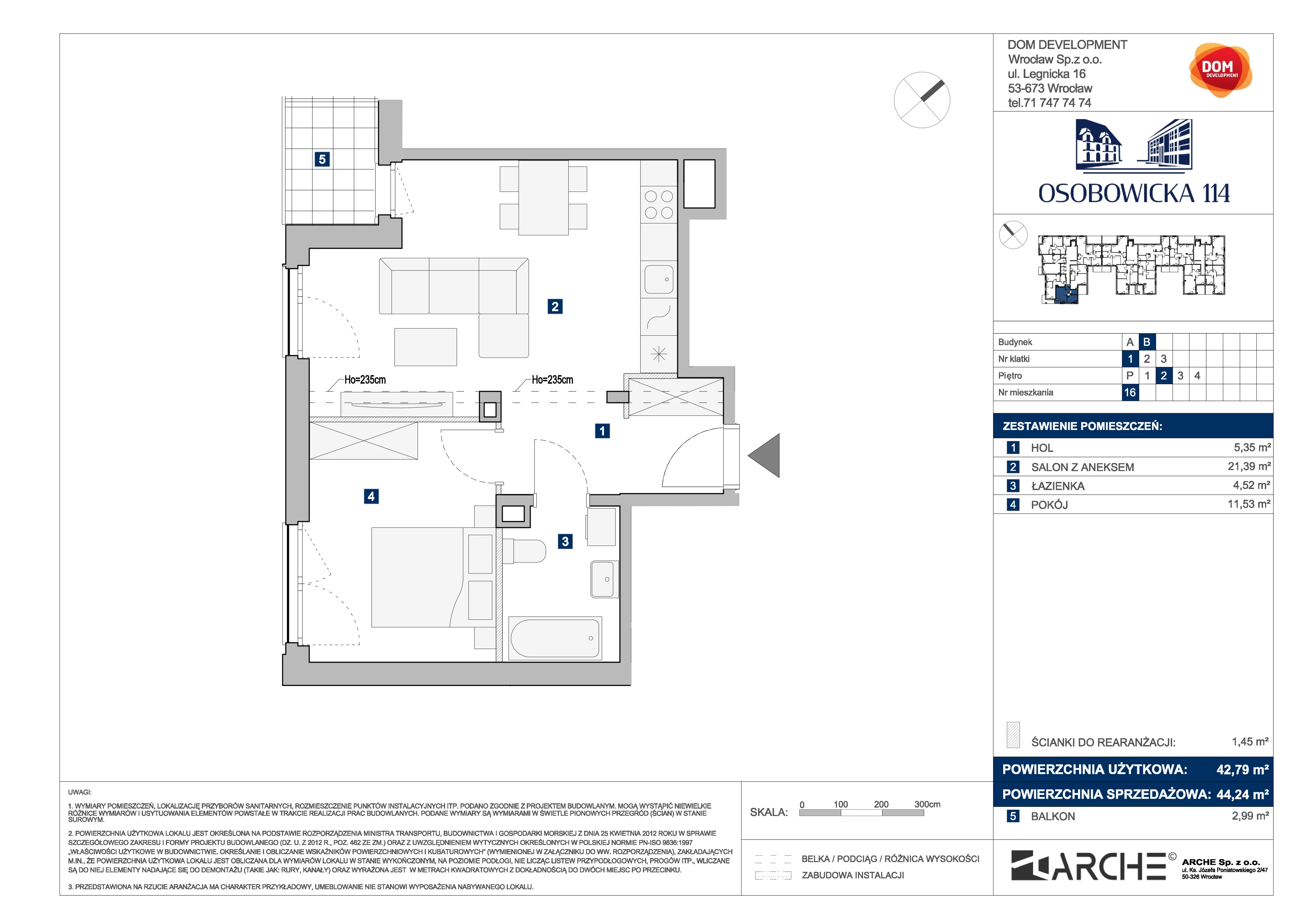 2 pokoje, mieszkanie 44,24 m², piętro 2, oferta nr B/16, Osobowicka 114, Wrocław, Osobowice-Rędzin, Fabryczna, ul. Osobowicka 114