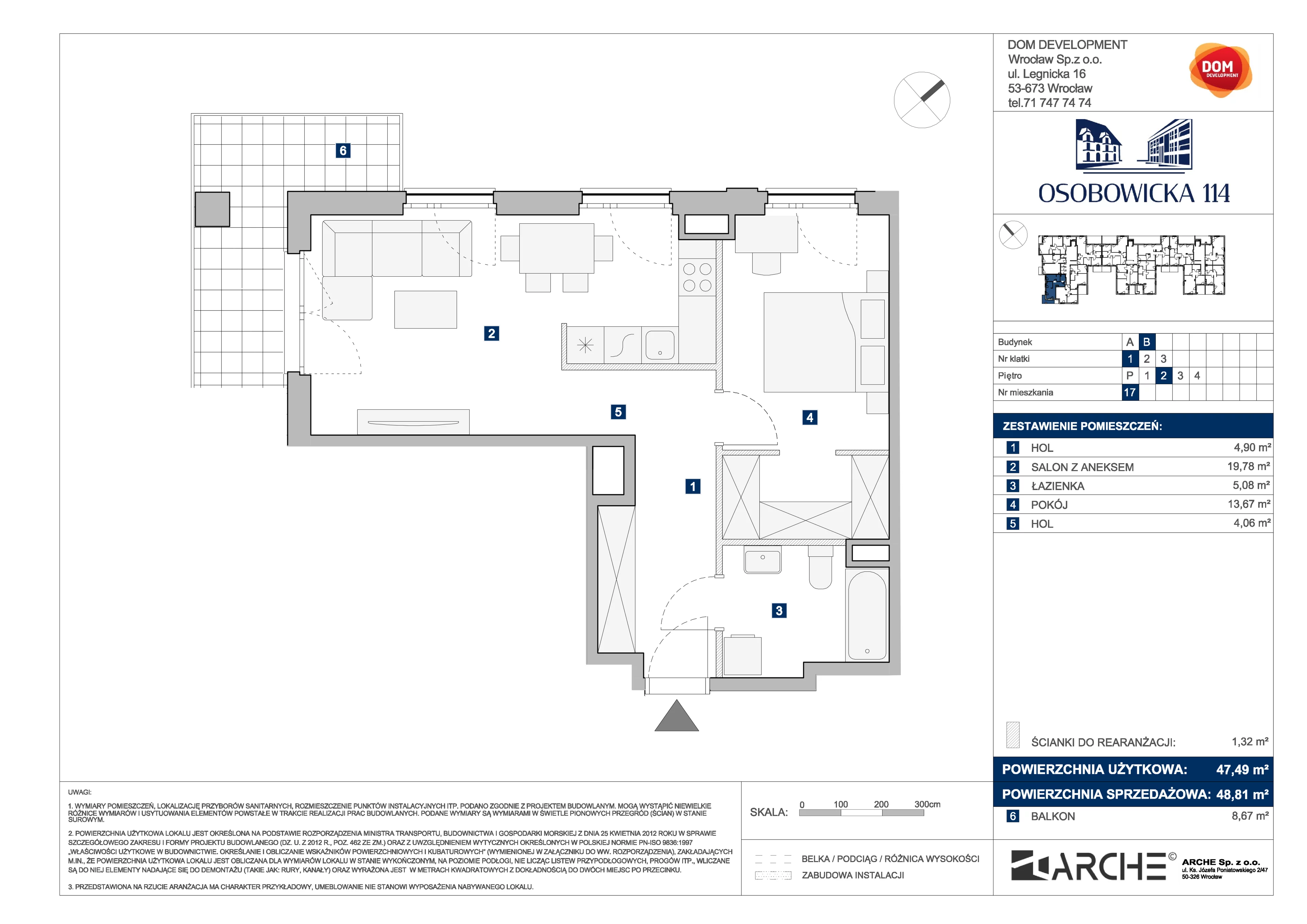 2 pokoje, mieszkanie 48,81 m², piętro 2, oferta nr B/17, Osobowicka 114, Wrocław, Osobowice-Rędzin, Fabryczna, ul. Osobowicka 114