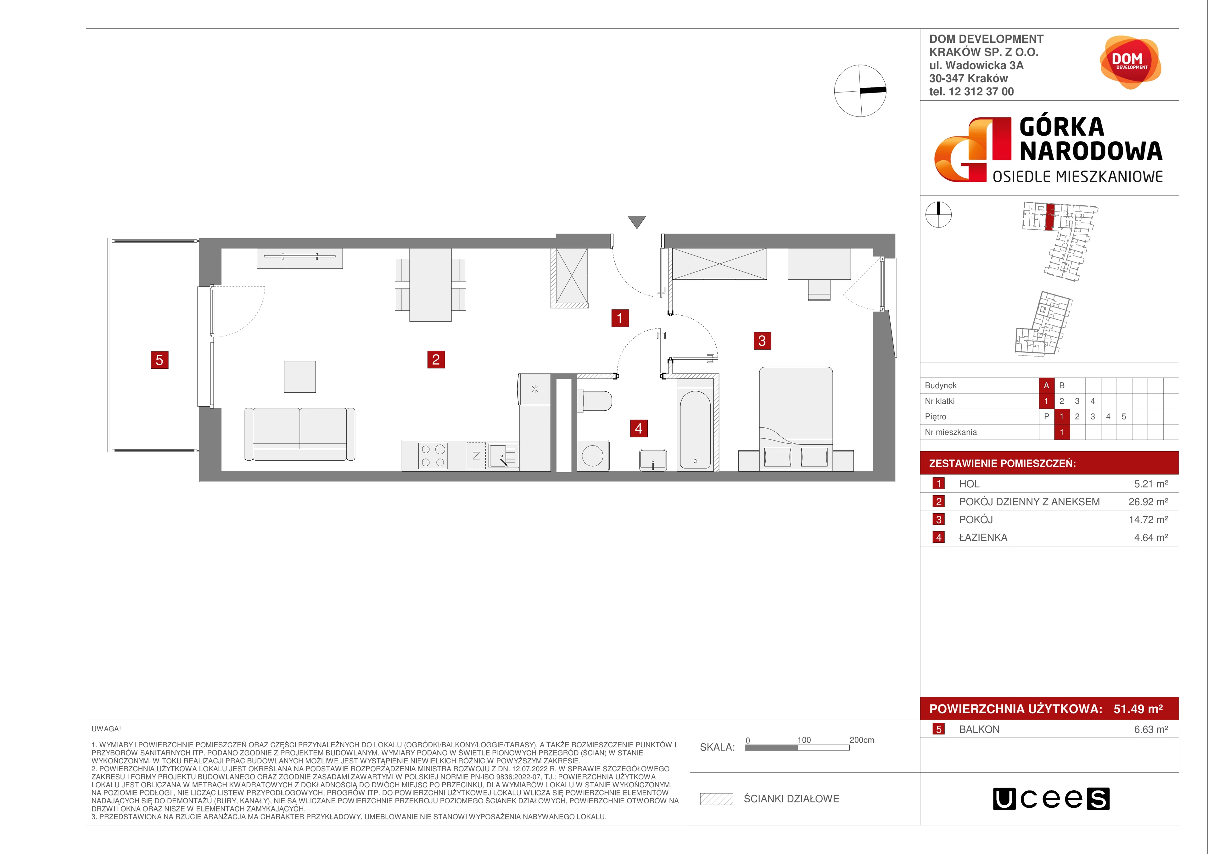 2 pokoje, mieszkanie 51,49 m², piętro 1, oferta nr A/1, Osiedle Górka Narodowa etap 5, Kraków, Prądnik Biały, Górka Narodowa, ul. Papierni Prądnickich