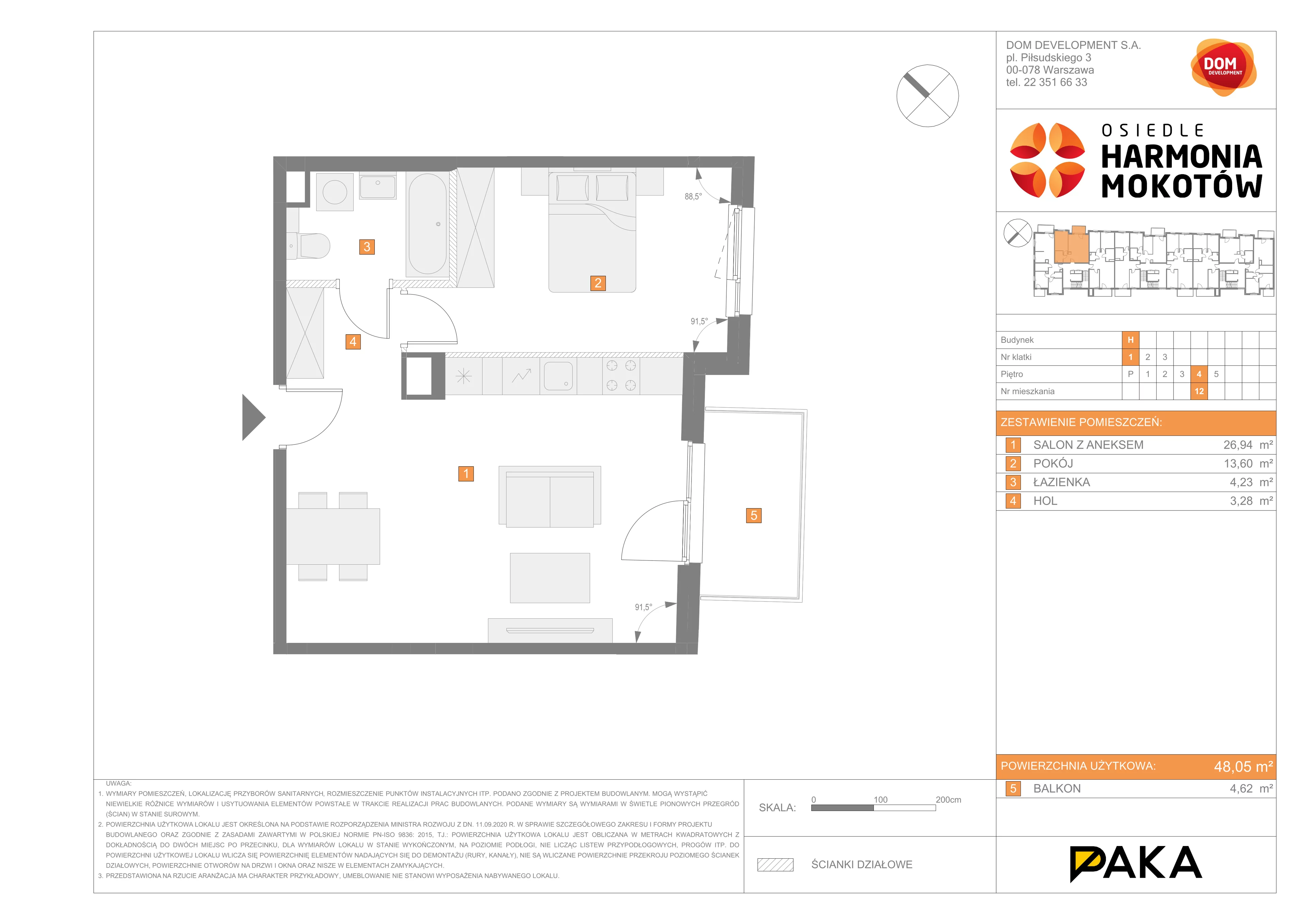 Mieszkanie 48,08 m², piętro 4, oferta nr H/12, Harmonia Mokotów etap 3, Warszawa, Mokotów, Siekierki, al. Polski Walczącej