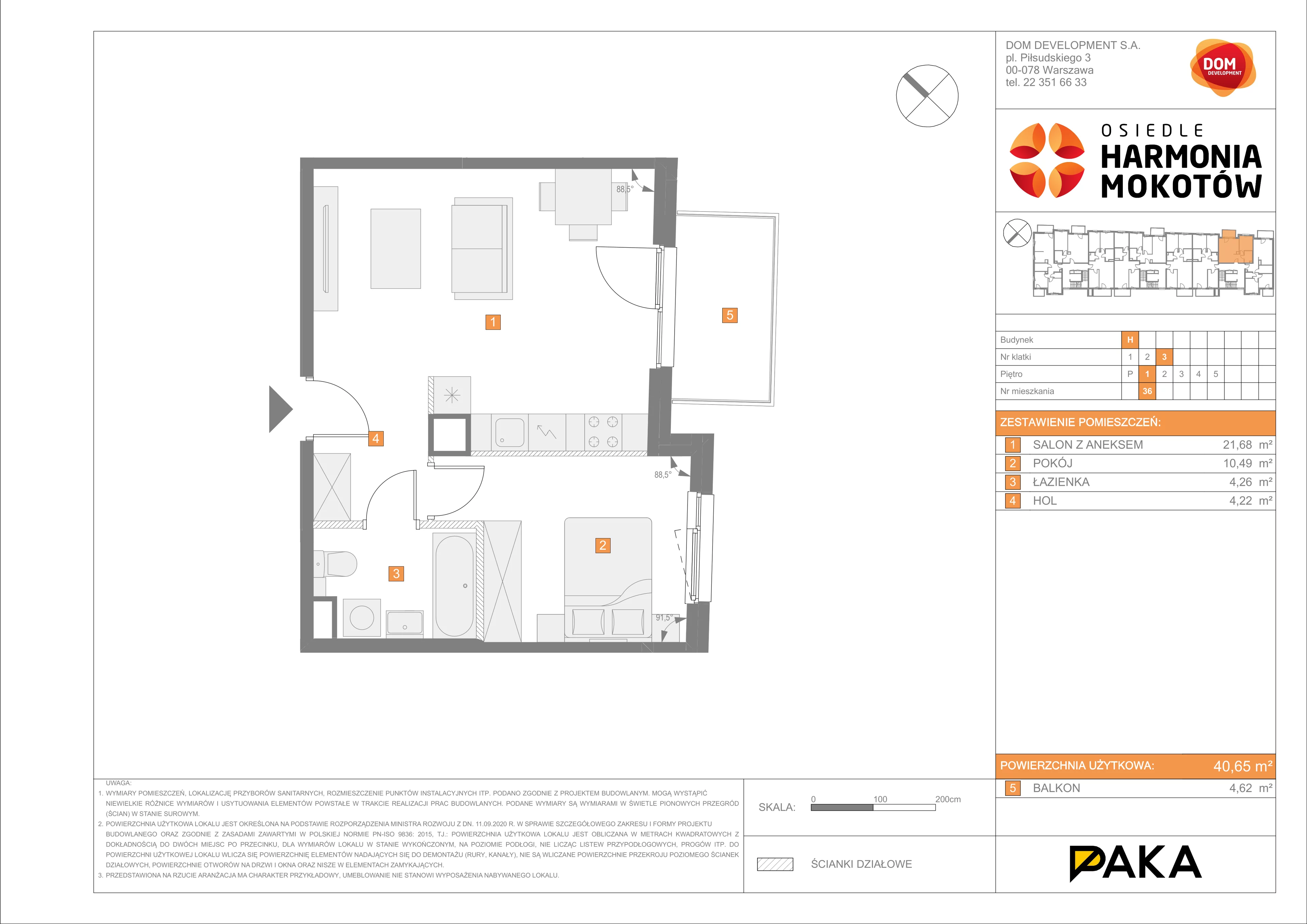 Mieszkanie 40,65 m², piętro 1, oferta nr H/36, Harmonia Mokotów etap 3, Warszawa, Mokotów, Siekierki, al. Polski Walczącej