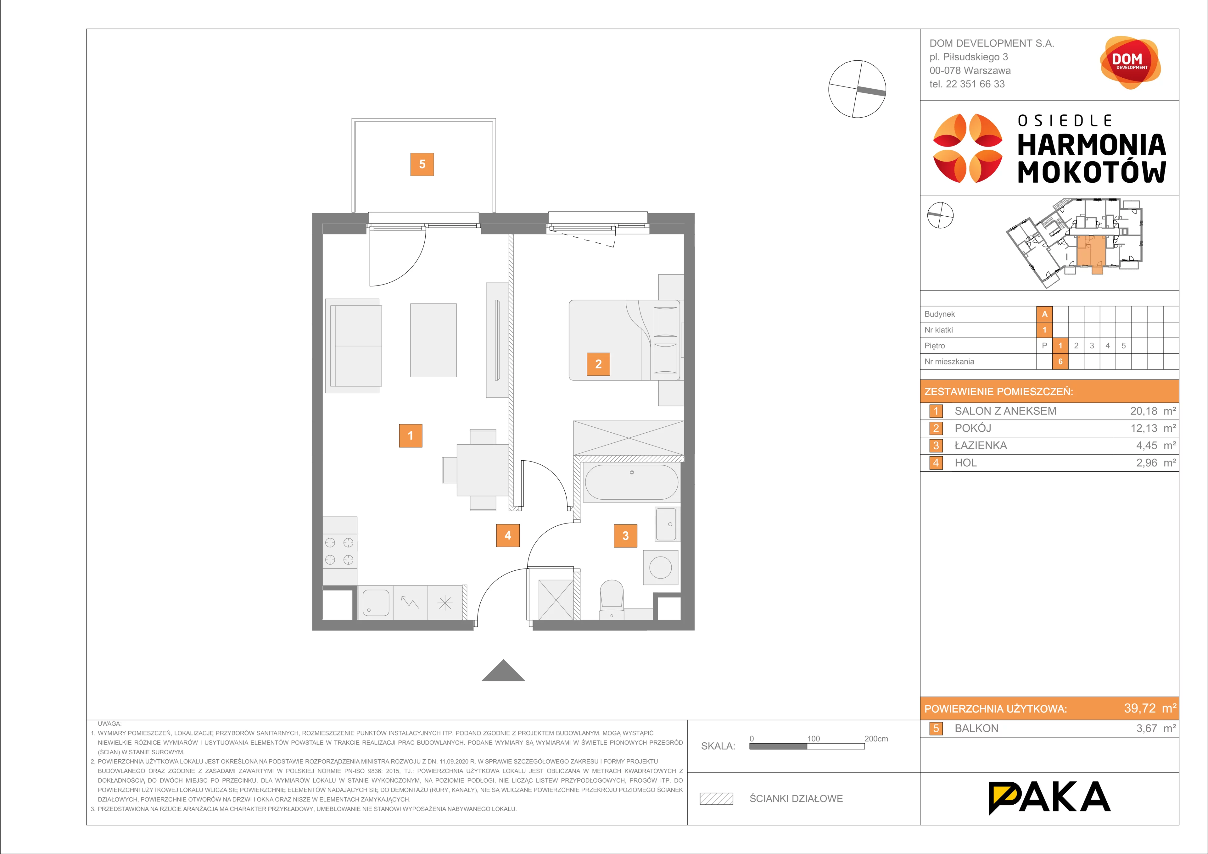 Mieszkanie 39,72 m², piętro 1, oferta nr A/6, Harmonia Mokotów, Warszawa, Mokotów, Siekierki, al. Polski Walczącej / Józefa Becka